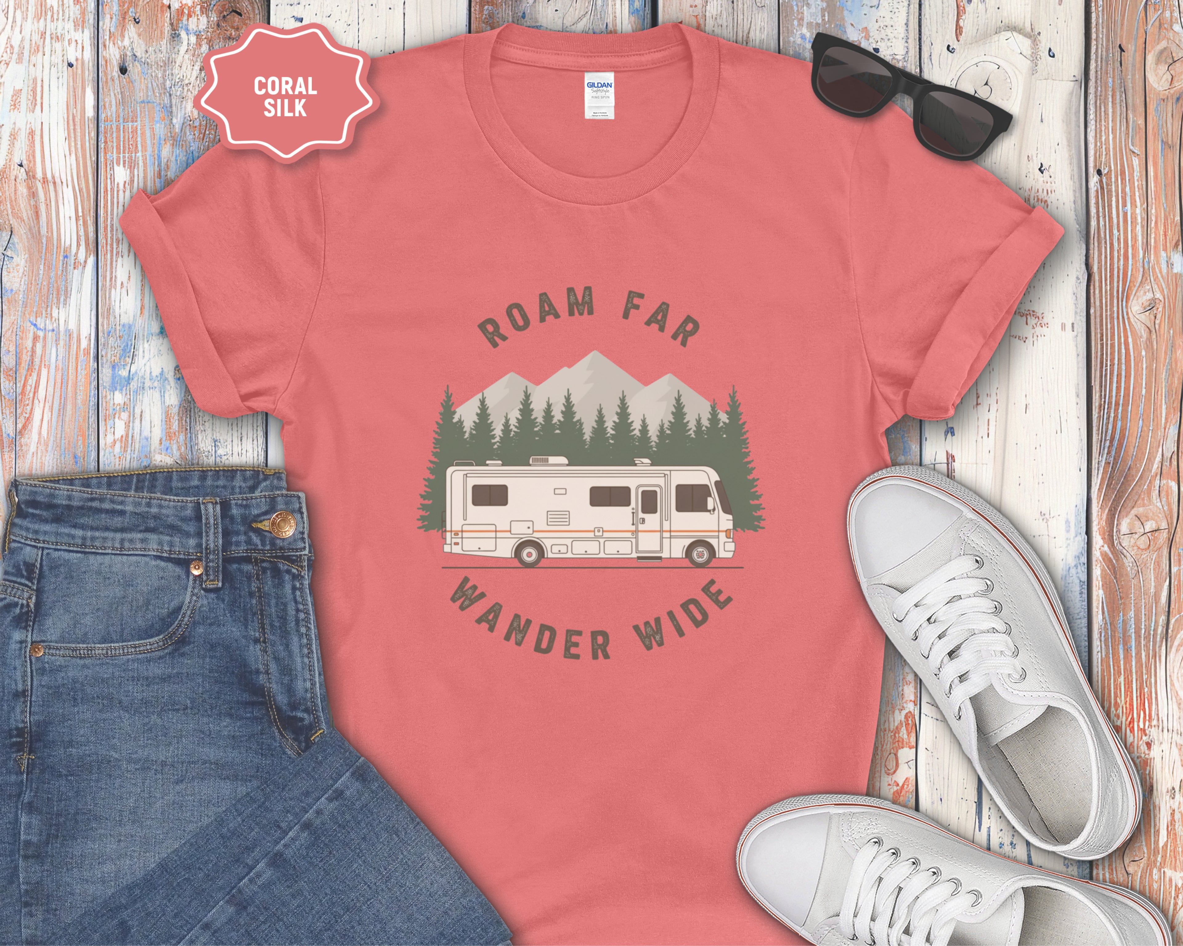 Roam Far Wander Wide Class A RV Motorhome T-Shirt