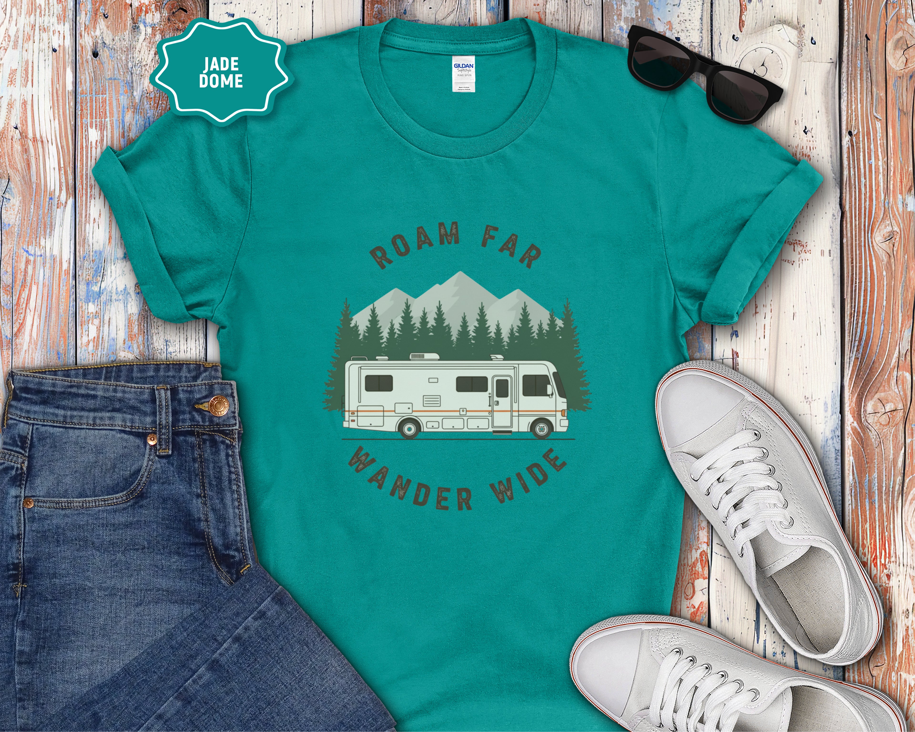 Roam Far Wander Wide Class A RV Motorhome T-Shirt