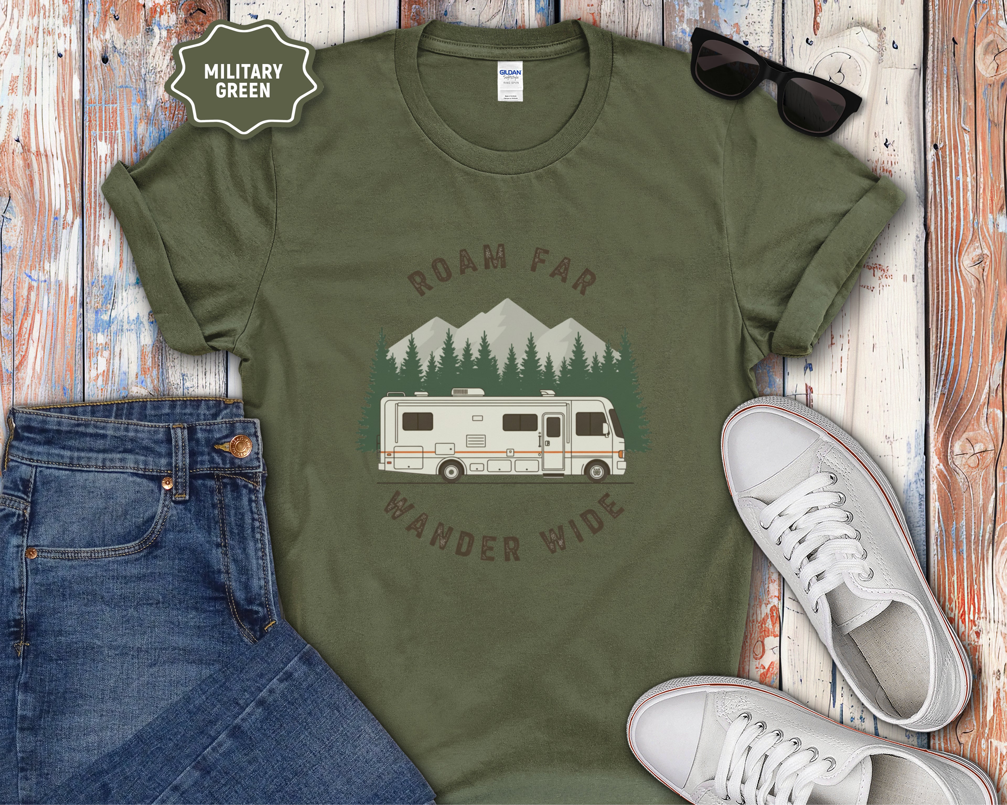 Roam Far Wander Wide Class A RV Motorhome T-Shirt