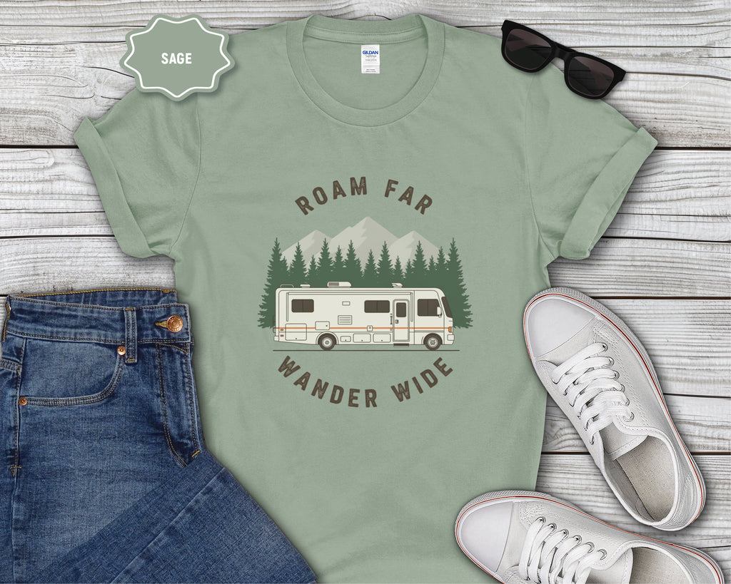 Roam Far Wander Wide Class A RV Motorhome T-Shirt