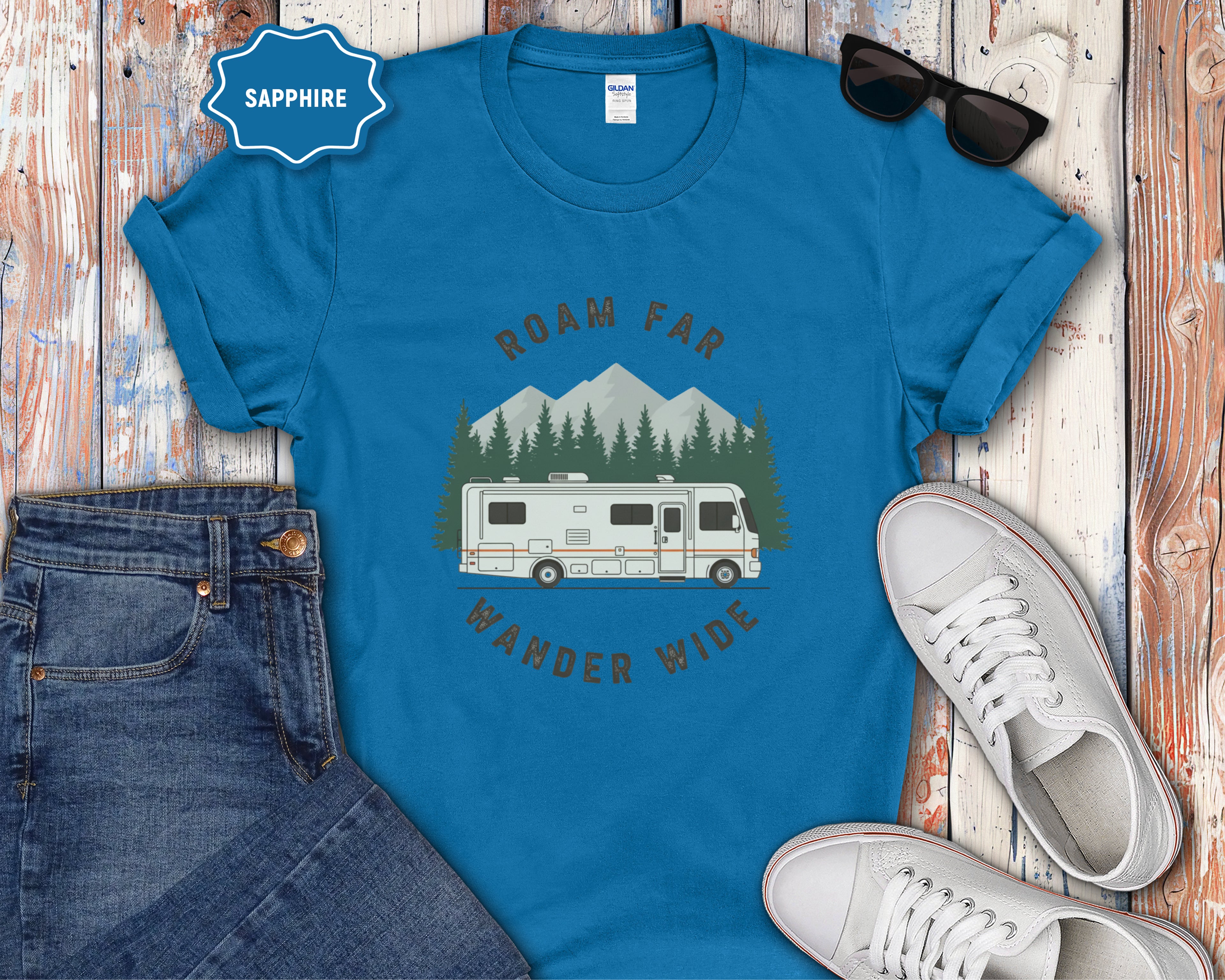 Roam Far Wander Wide Class A RV Motorhome T-Shirt