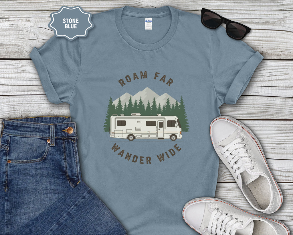 Roam Far Wander Wide Class A RV Motorhome T-Shirt