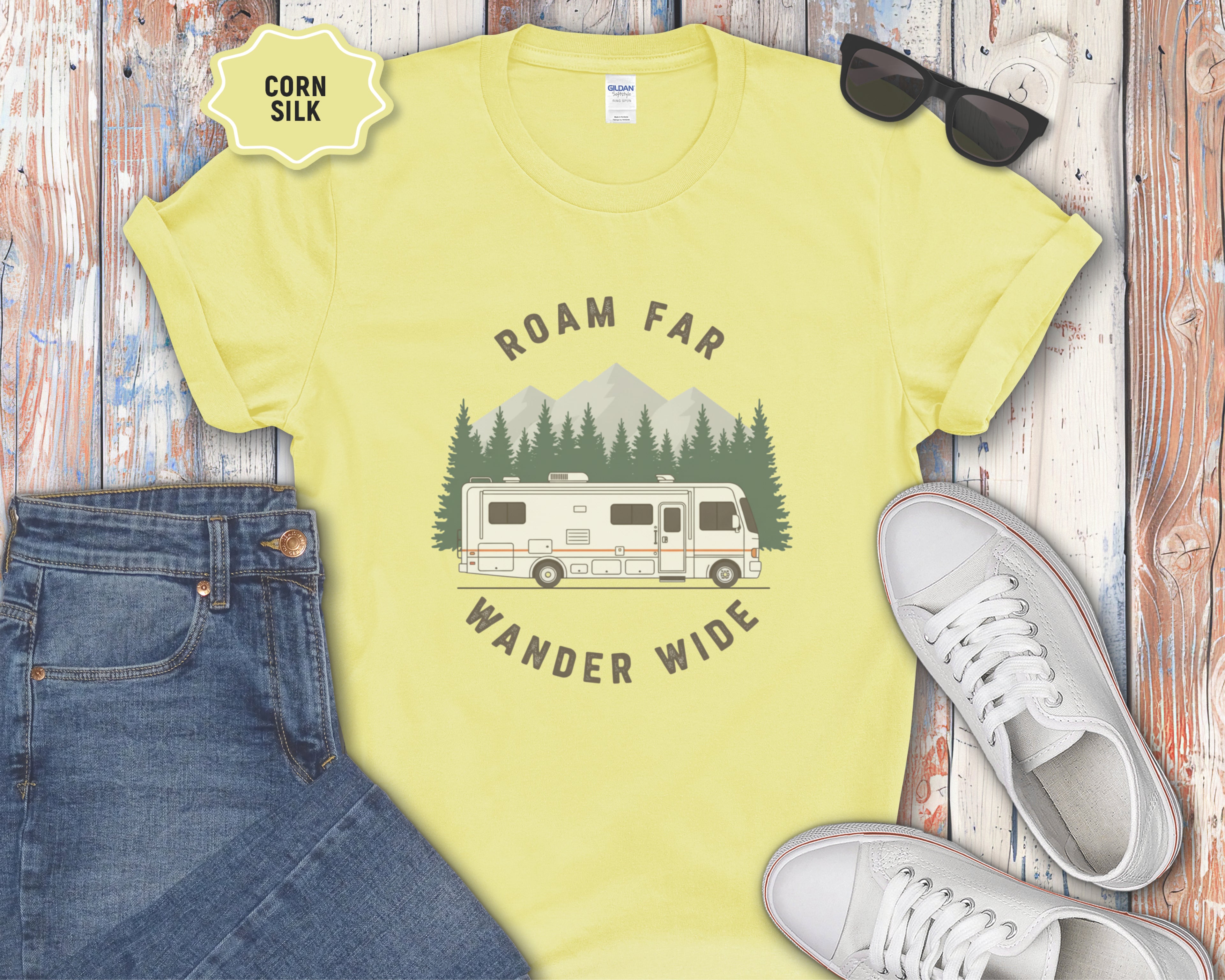 Roam Far Wander Wide Class A RV Motorhome T-Shirt
