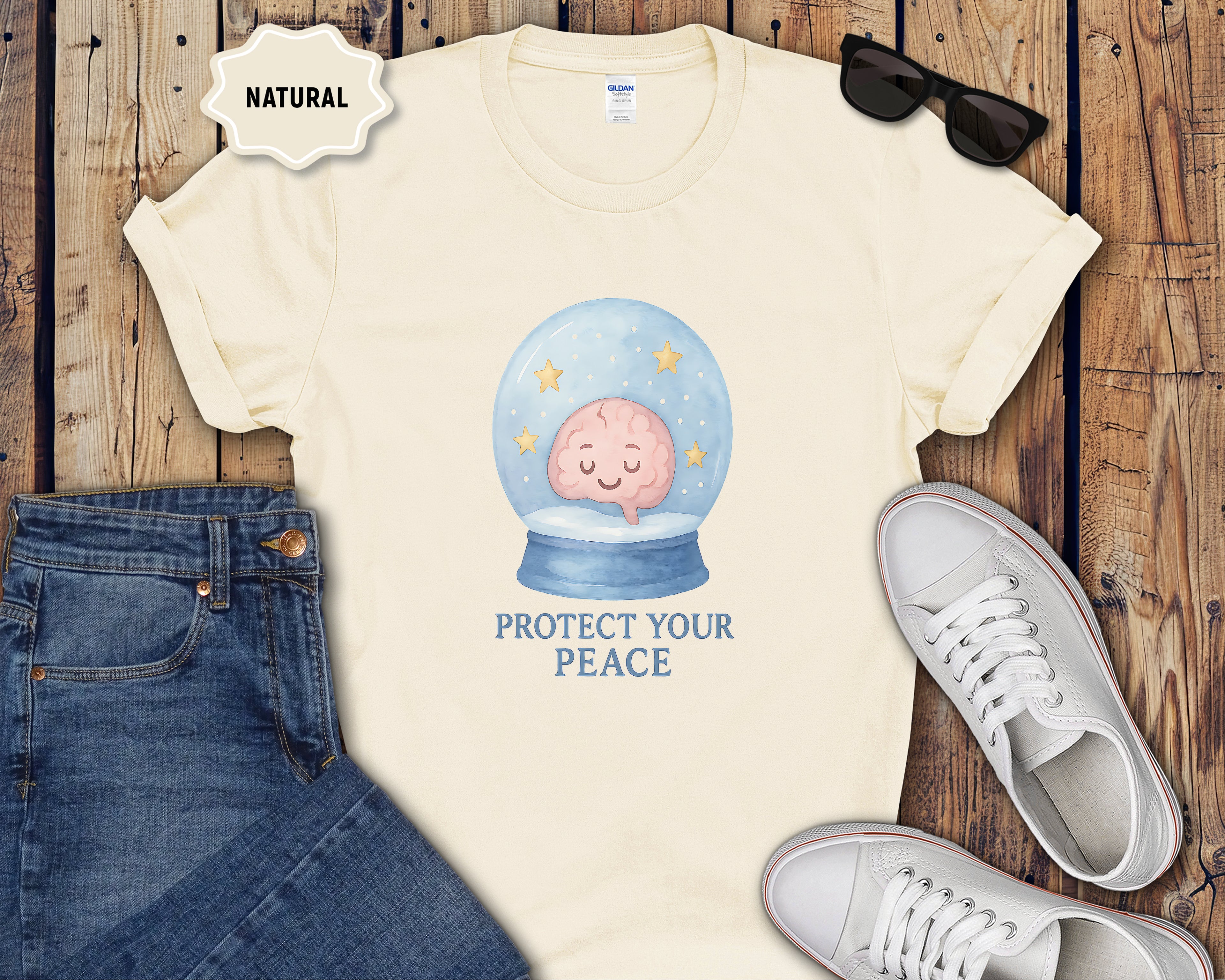Protect Your Peace Snow Globe brain illustration T-Shirt