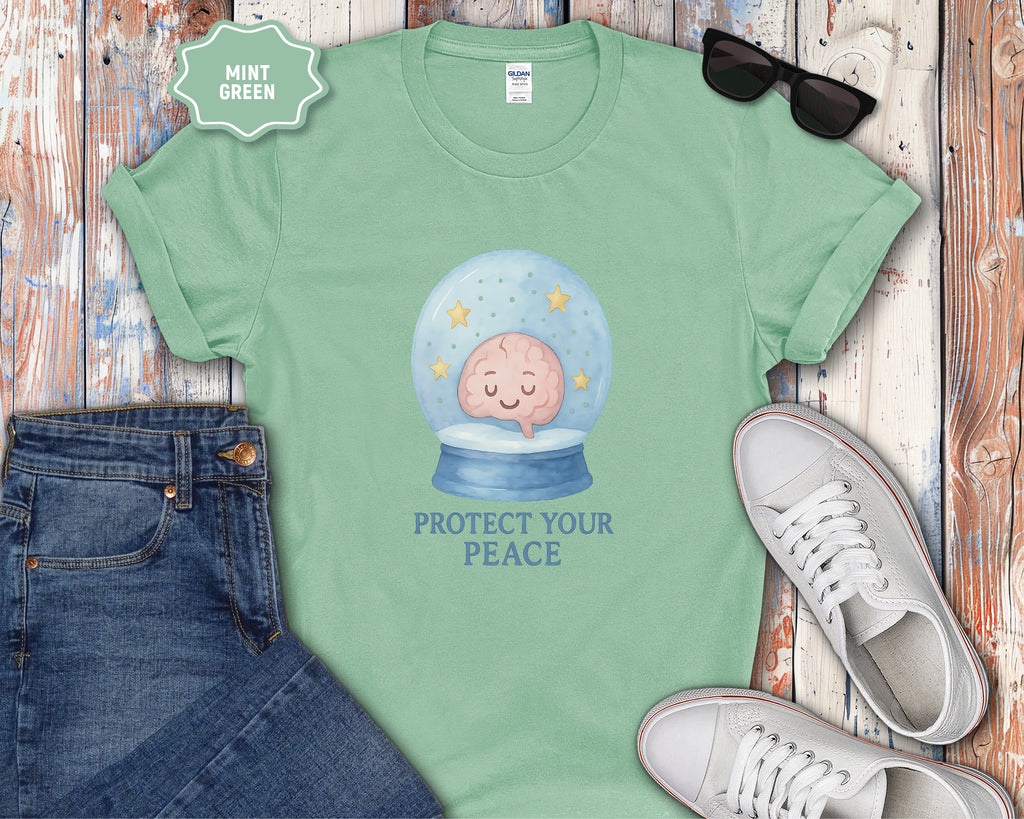 Protect Your Peace Snow Globe brain illustration T-Shirt