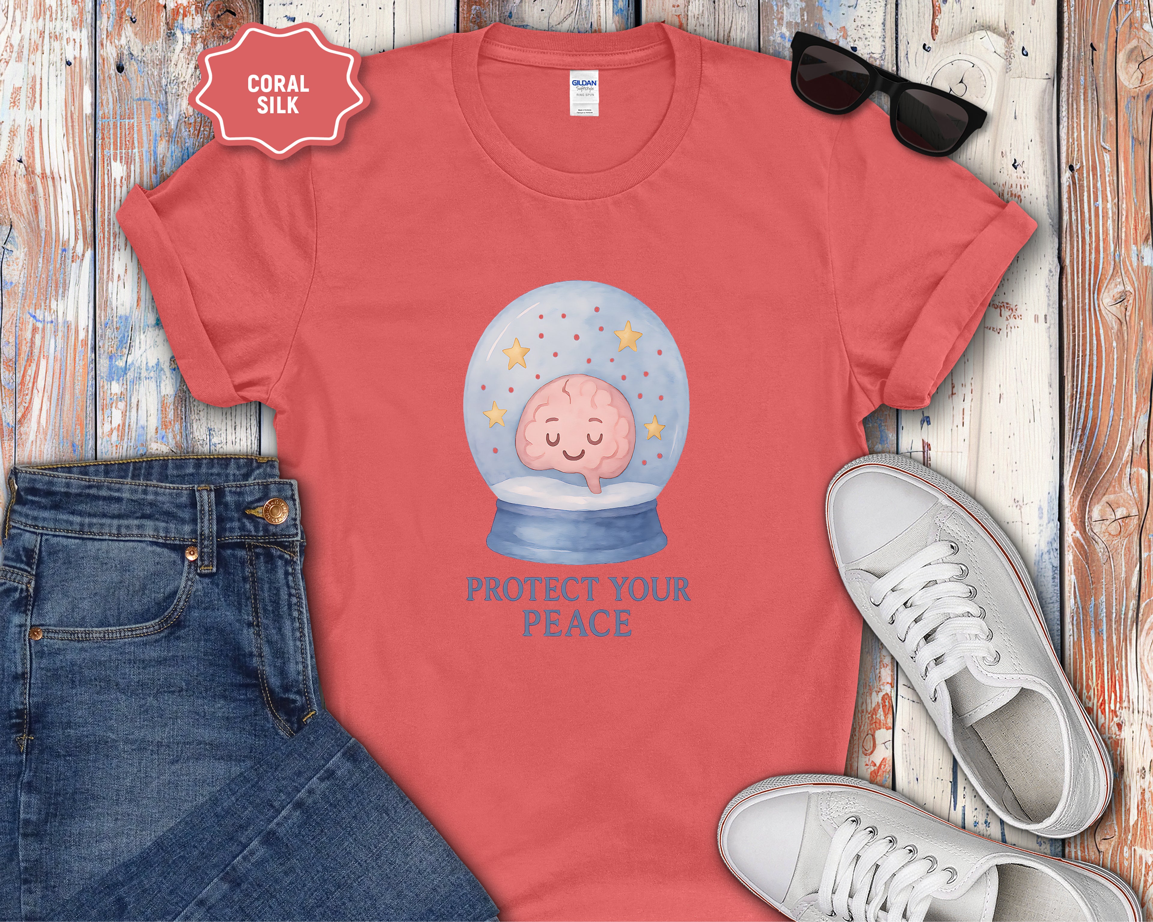 Protect Your Peace Snow Globe brain illustration T-Shirt
