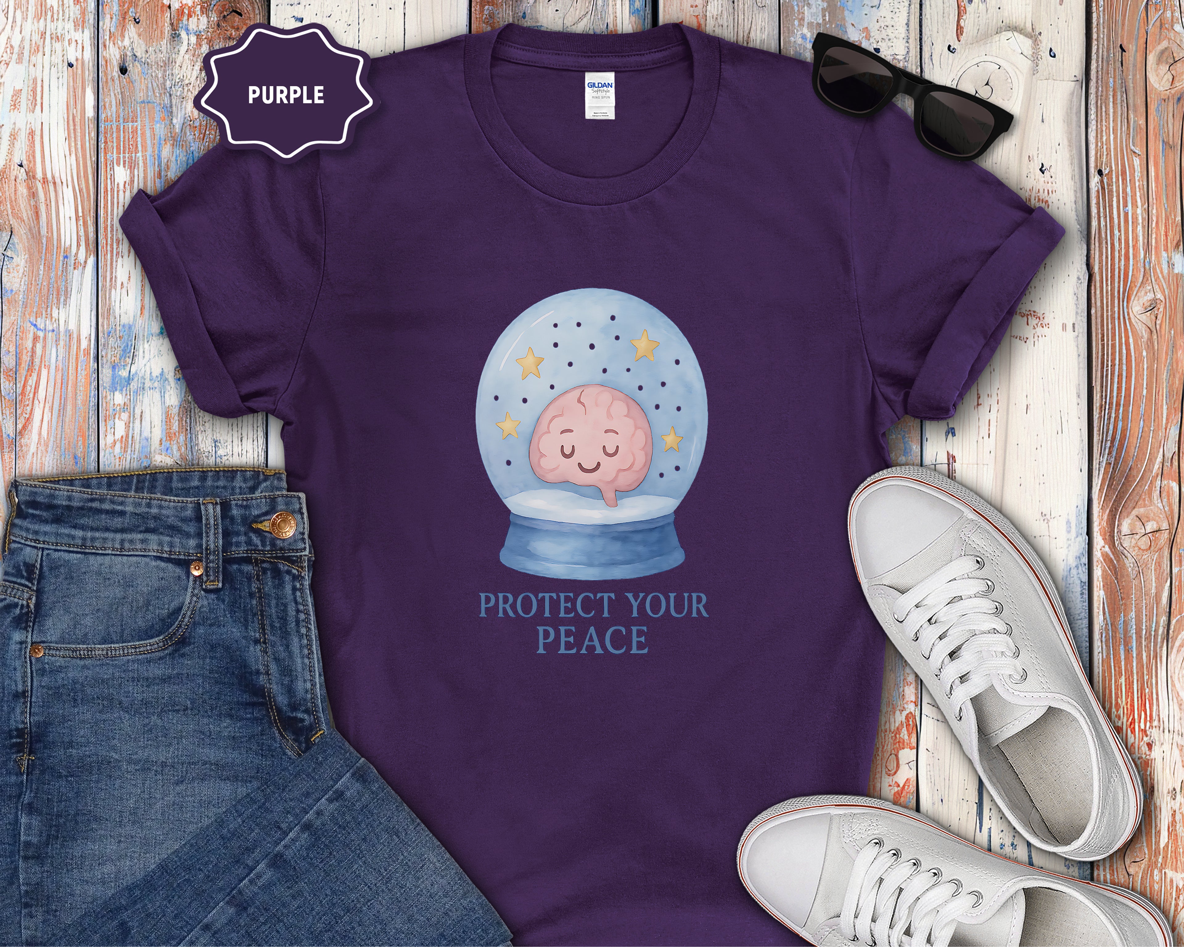 Protect Your Peace Snow Globe brain illustration T-Shirt
