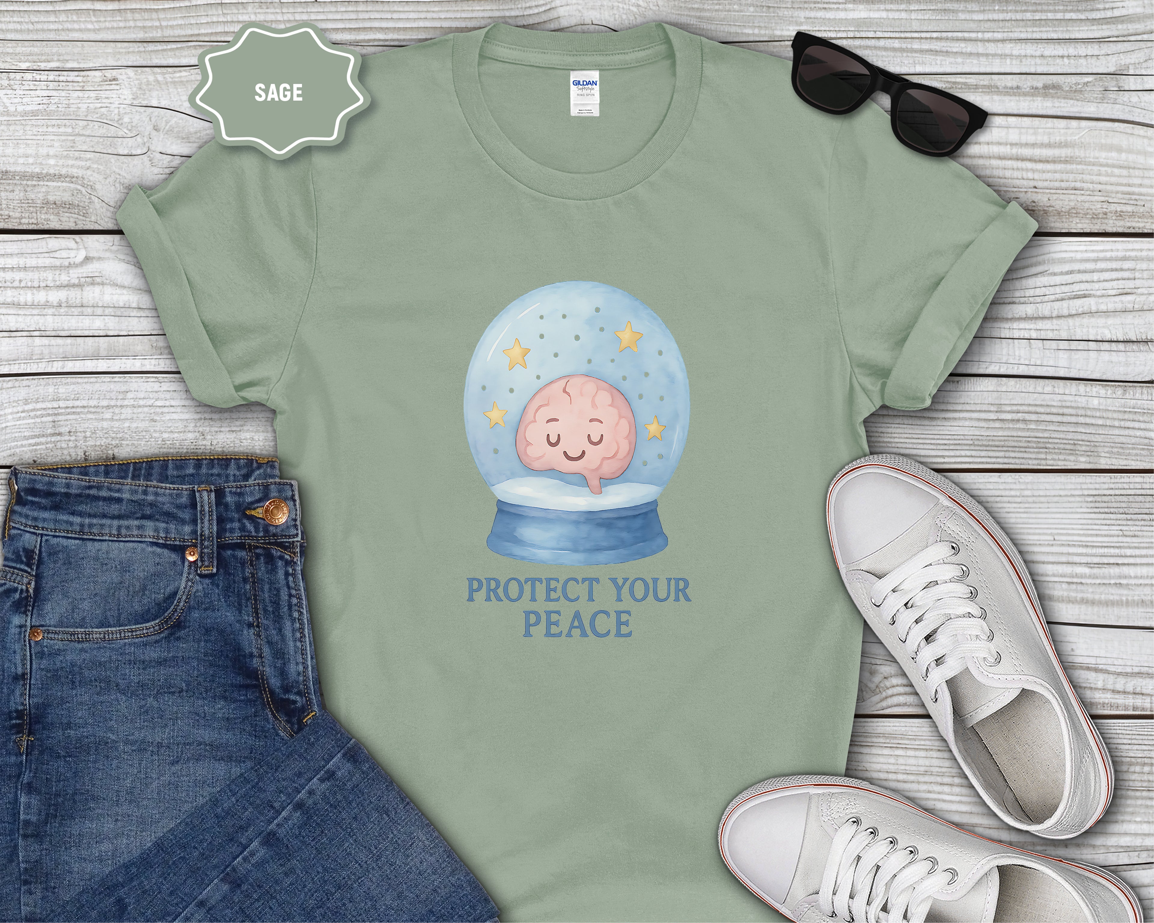 Protect Your Peace Snow Globe brain illustration T-Shirt