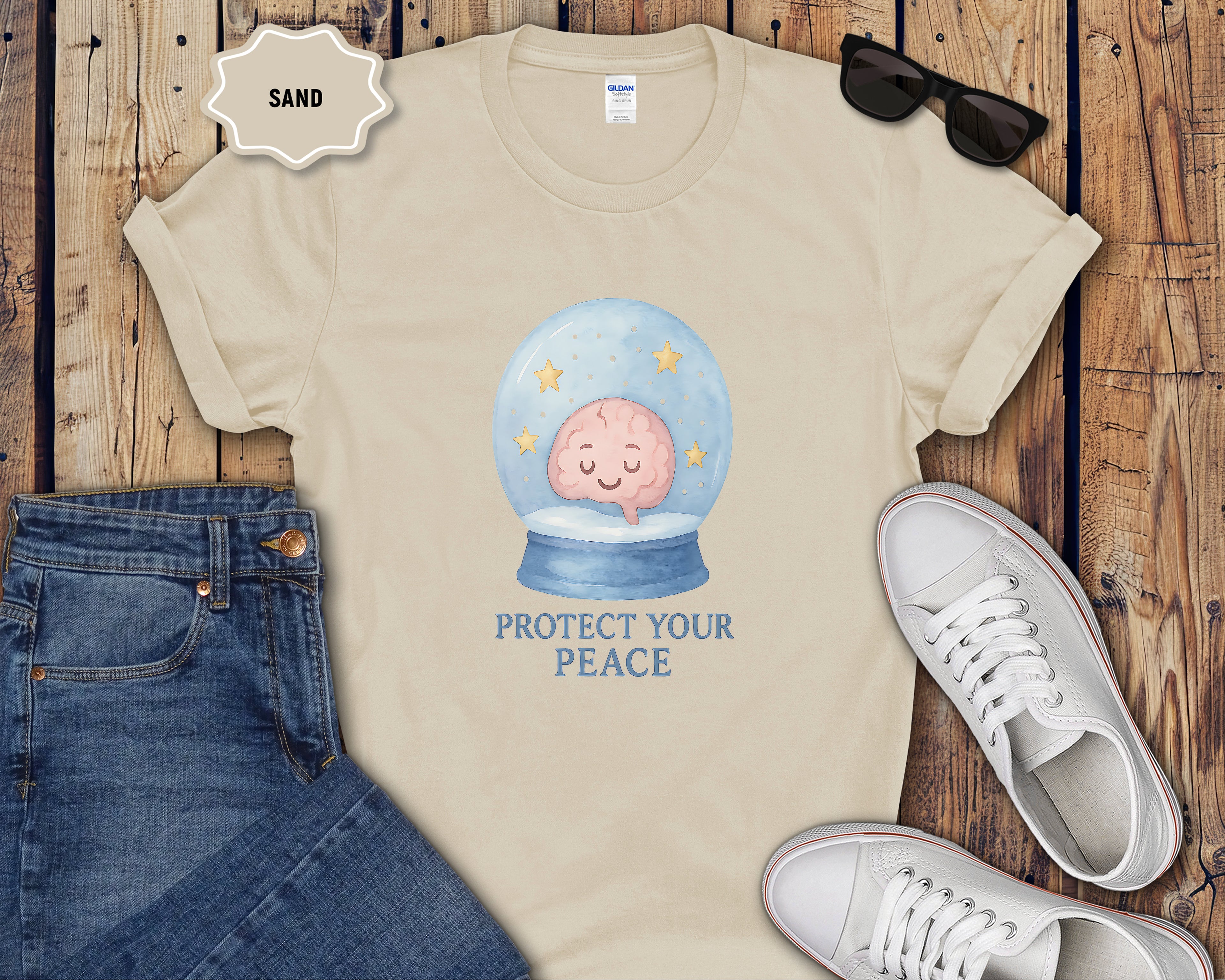Protect Your Peace Snow Globe brain illustration T-Shirt