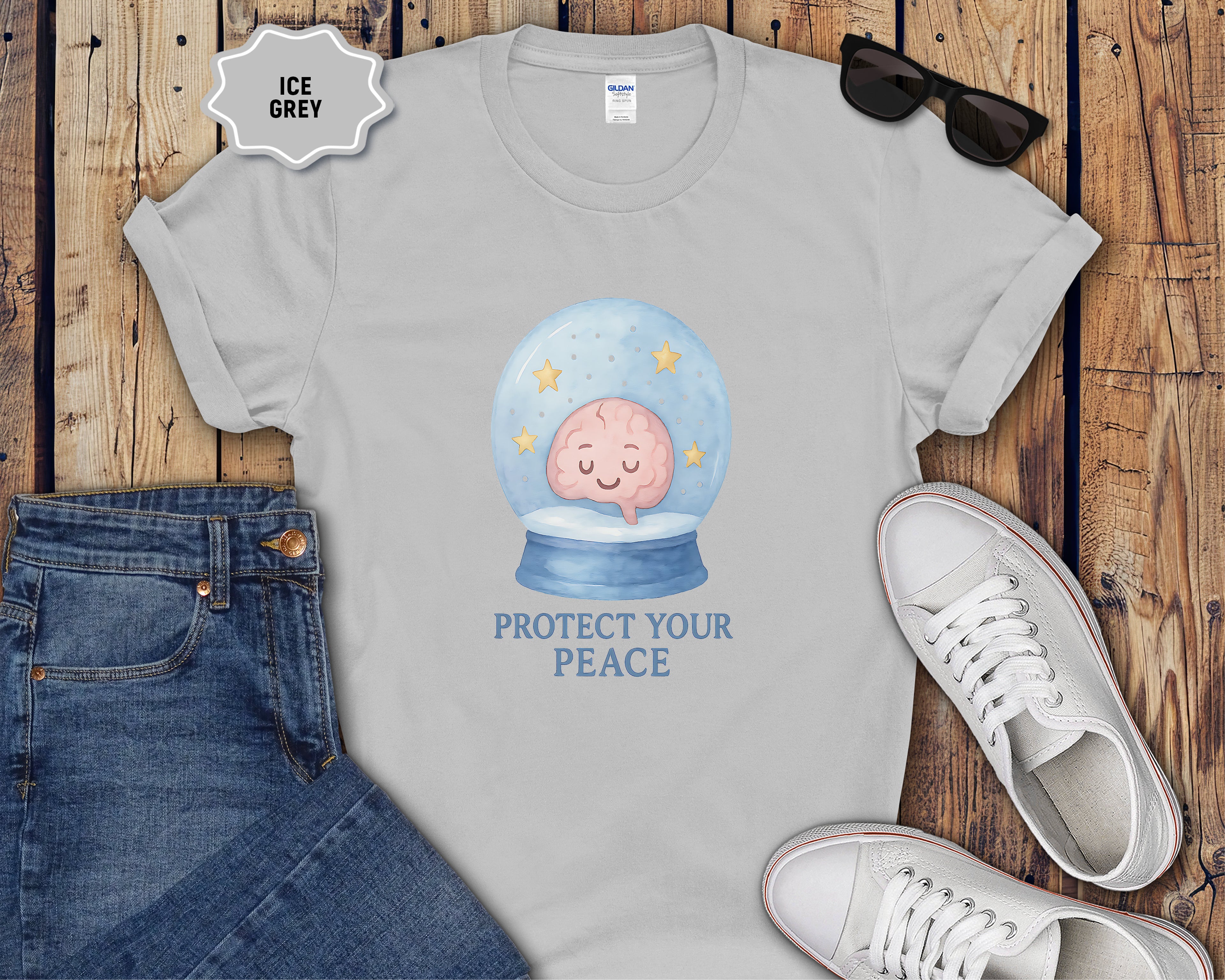Protect Your Peace Snow Globe brain illustration T-Shirt