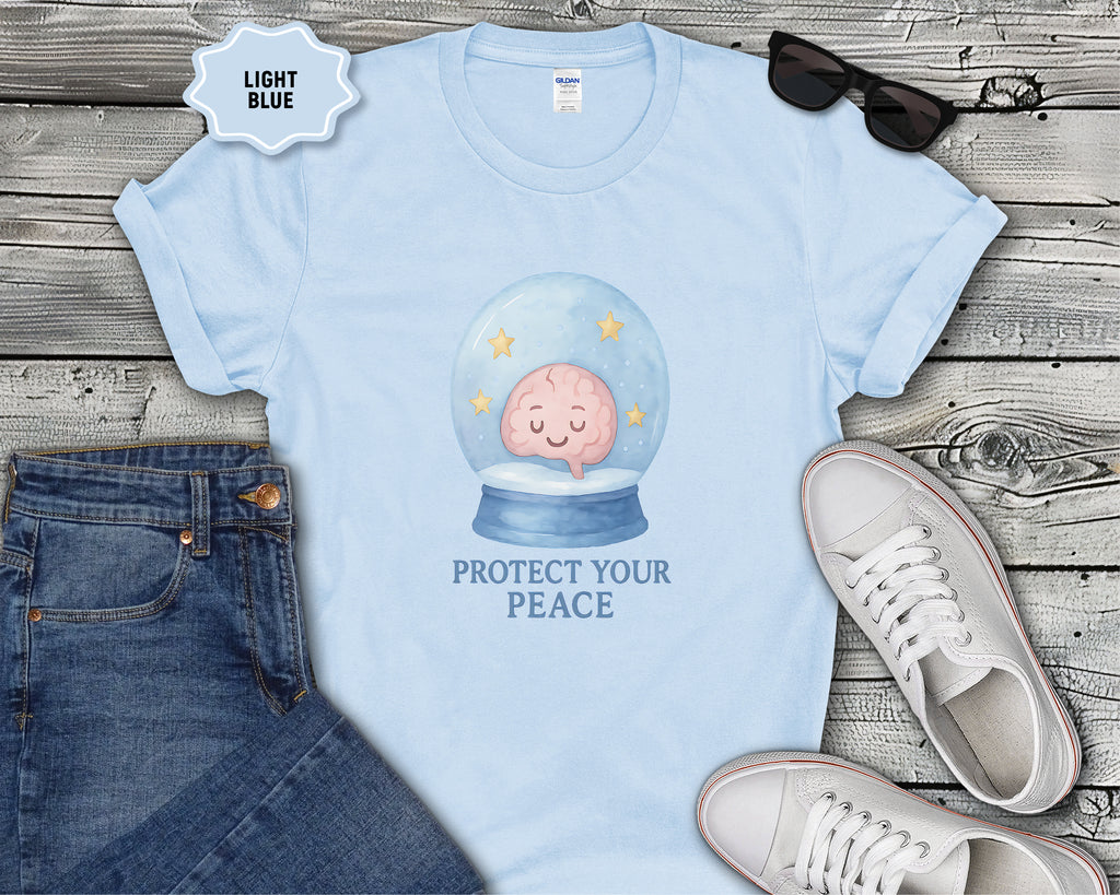 Protect Your Peace Snow Globe brain illustration T-Shirt