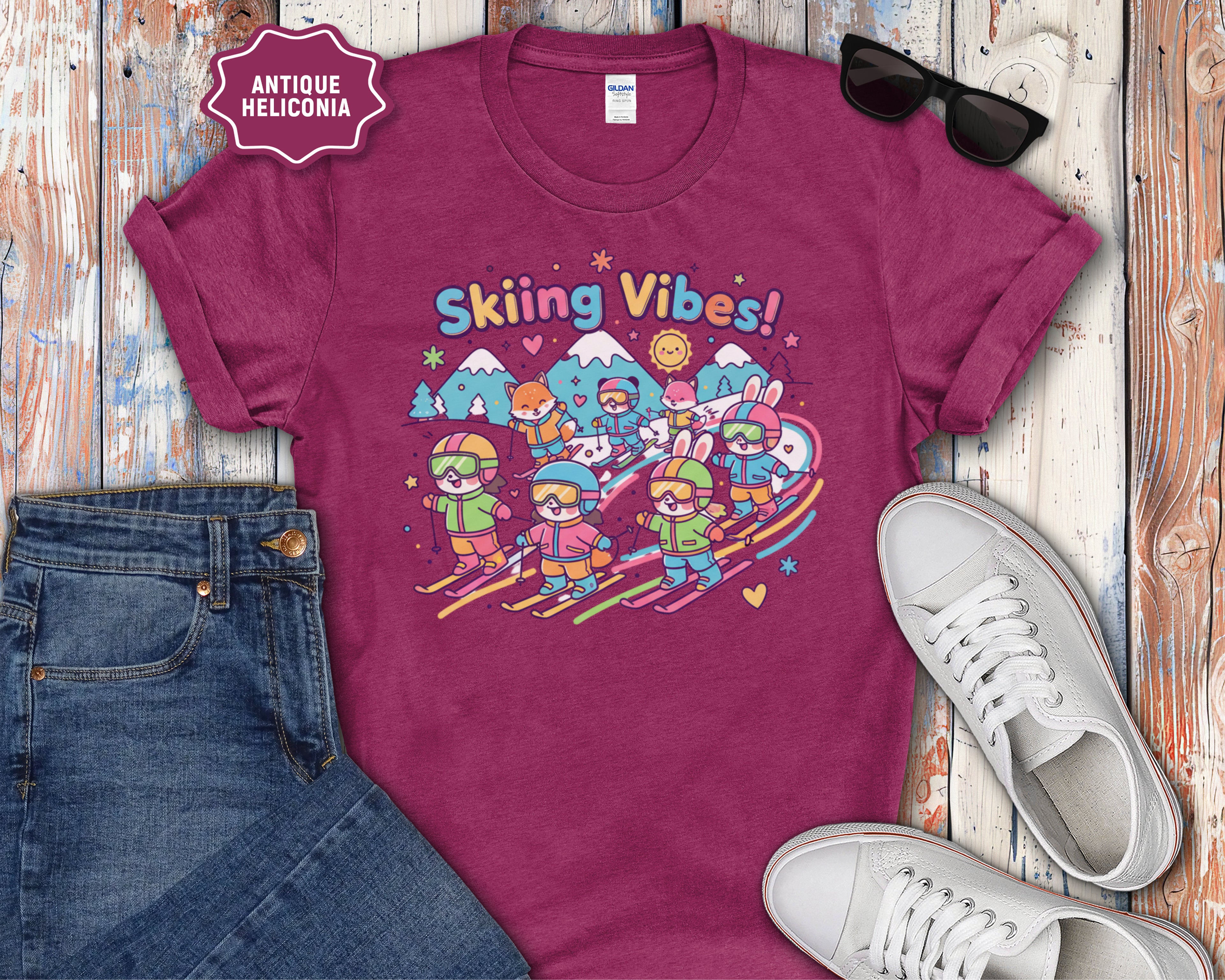 Cute Cartoon Skiers Skiing Vibes T-Shirt