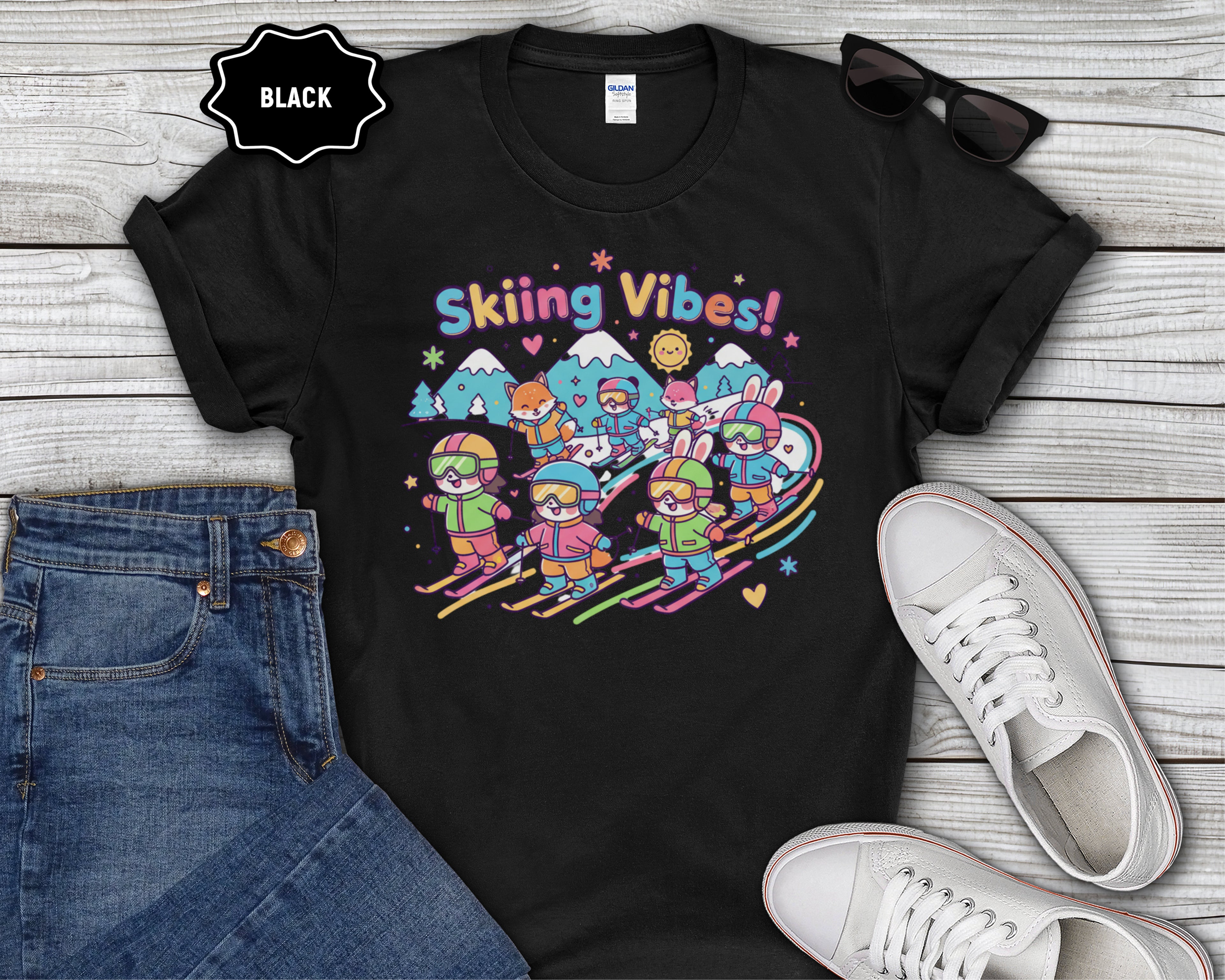 Cute Cartoon Skiers Skiing Vibes T-Shirt