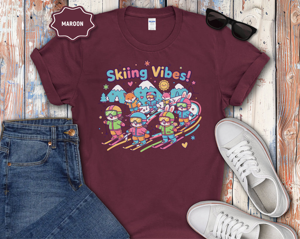 Cute Cartoon Skiers Skiing Vibes T-Shirt