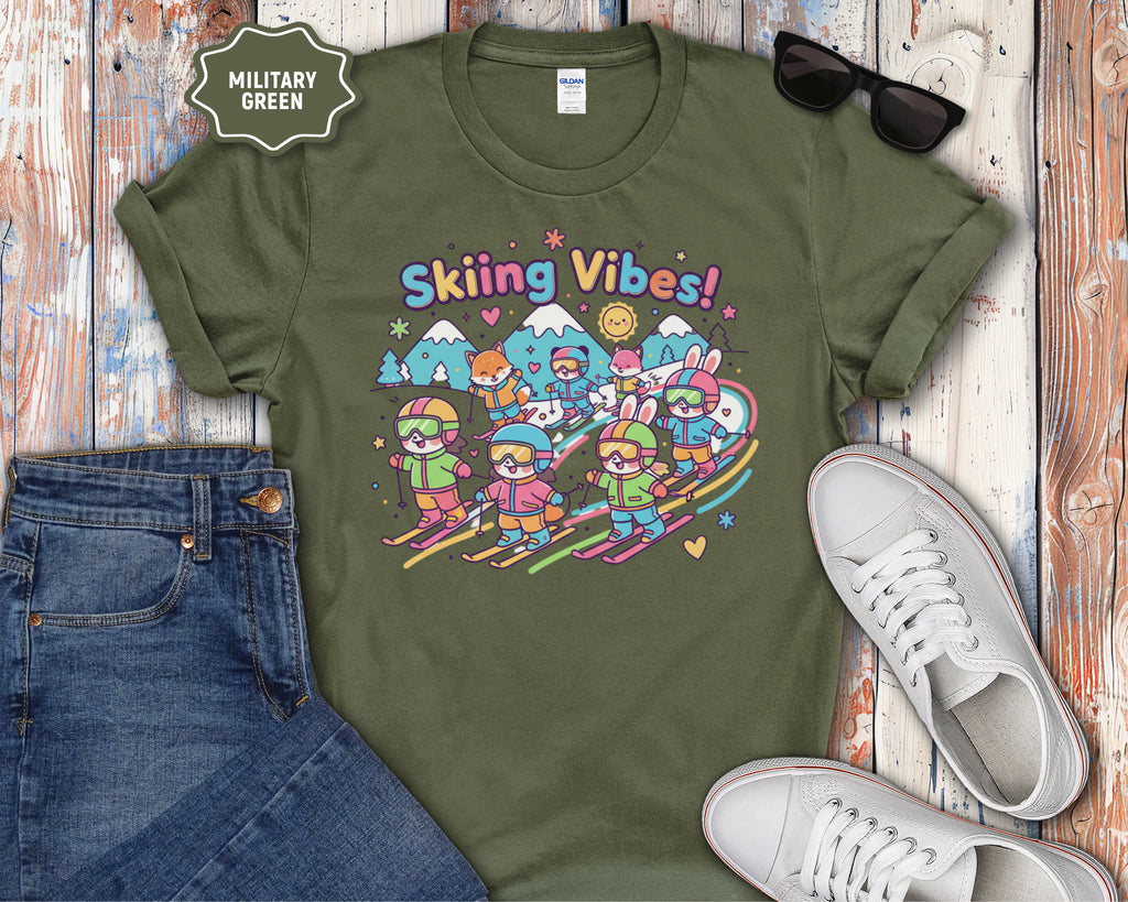 Cute Cartoon Skiers Skiing Vibes T-Shirt