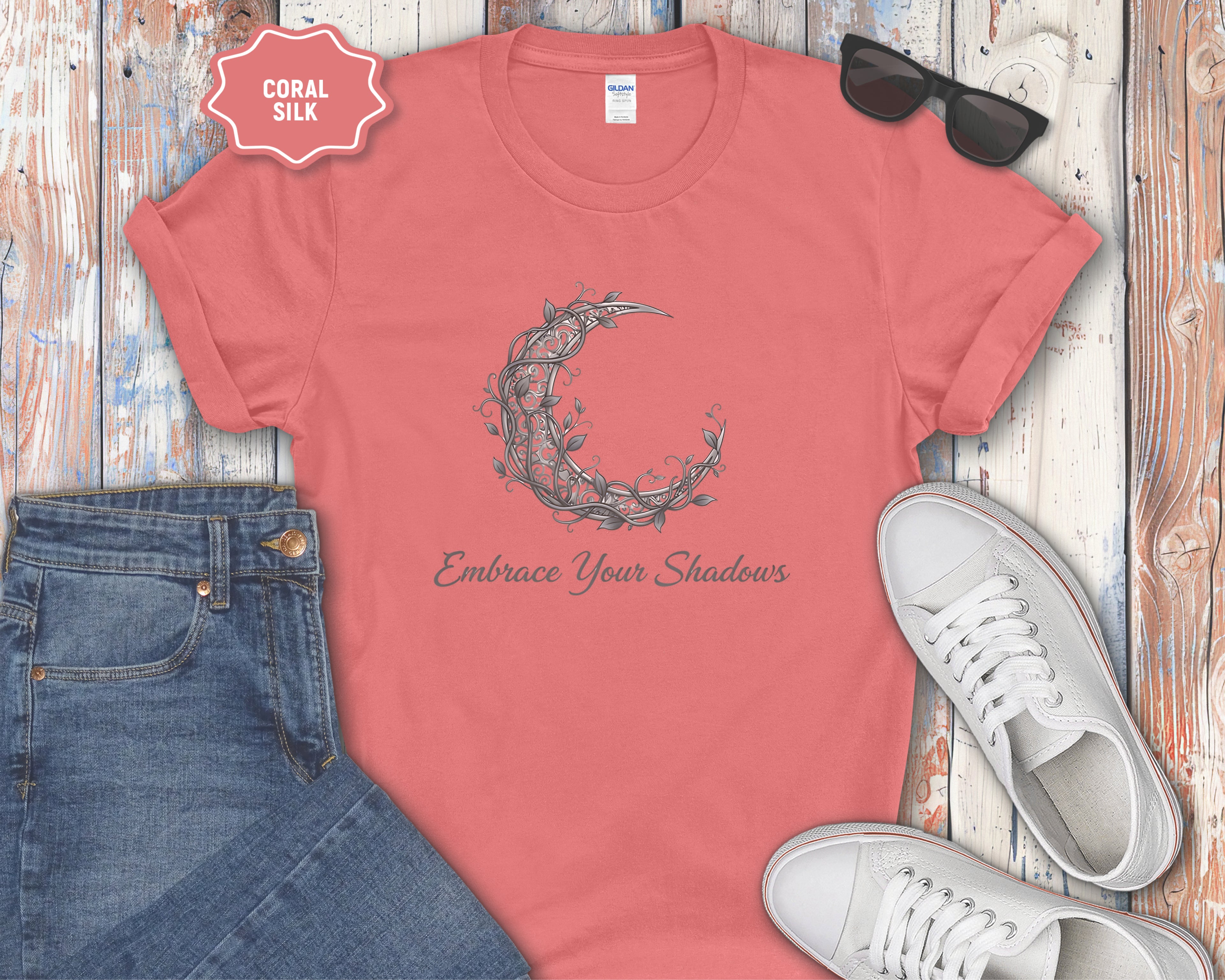 Embrace Your Shadows moon floral crescent T-Shirt
