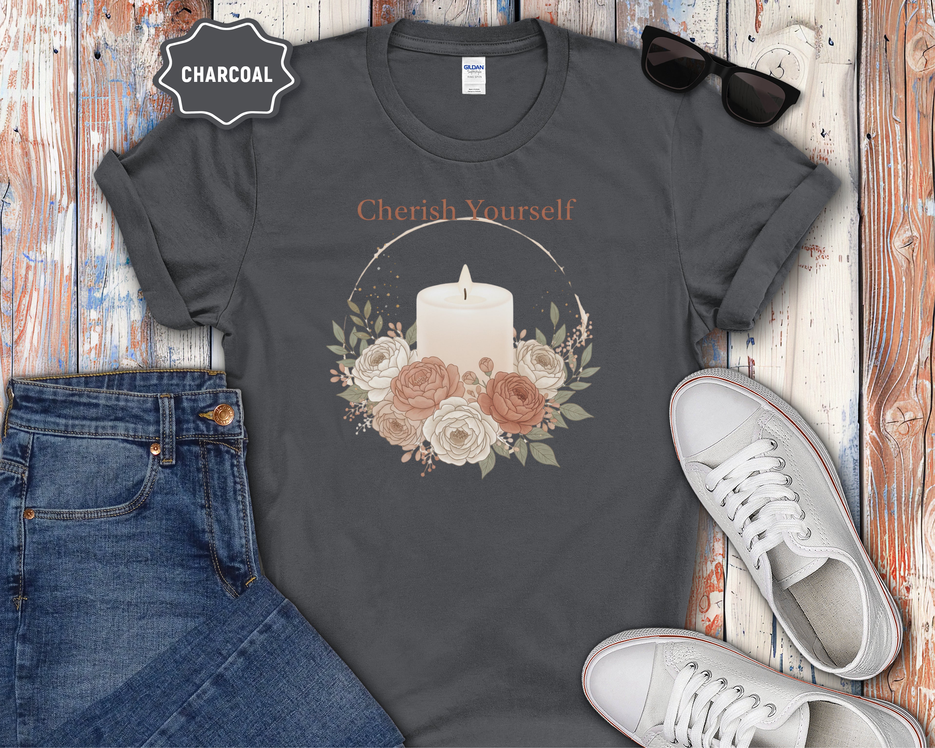 Cherish Yourself candle floral design T-Shirt