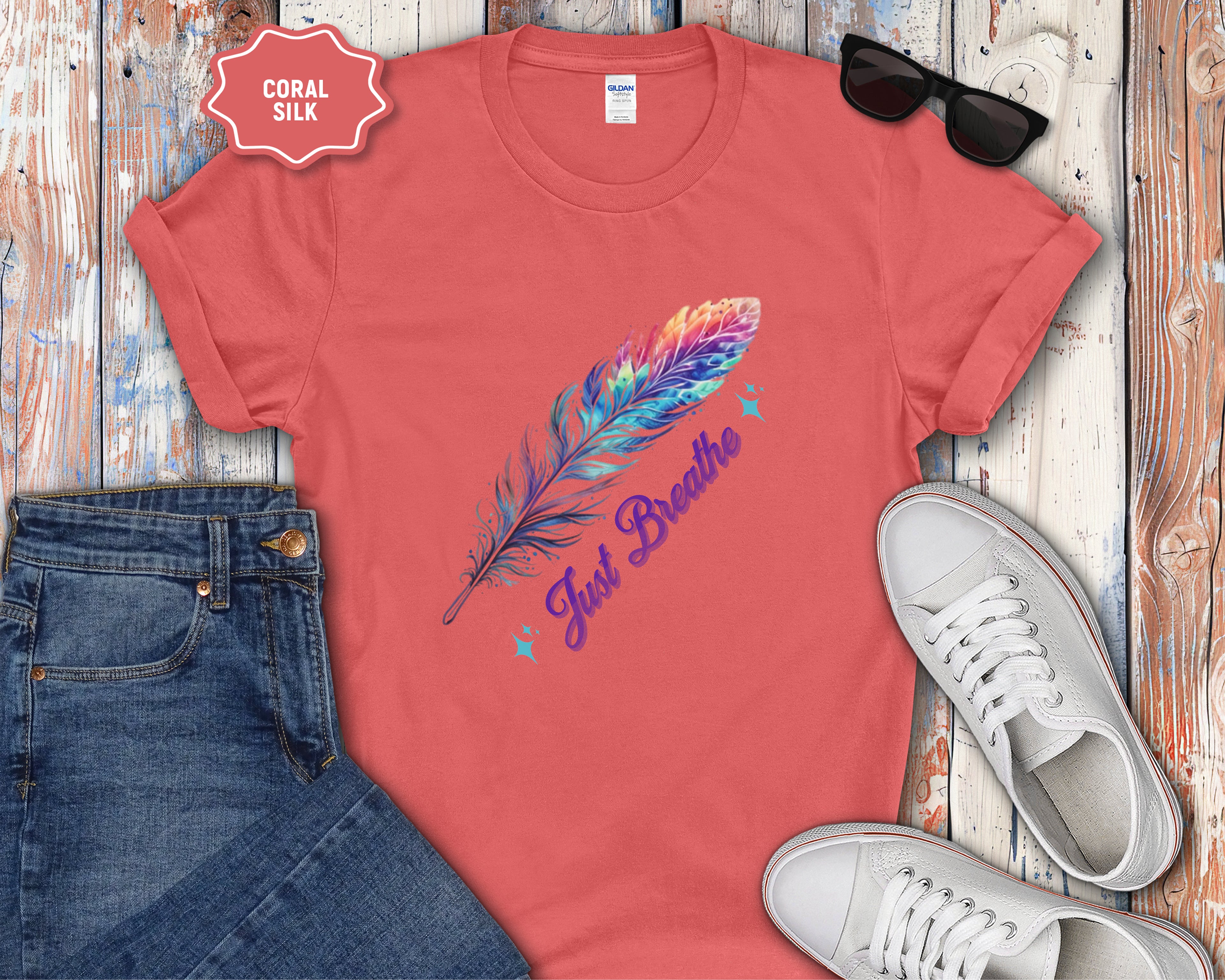 Watercolor Rainbow Feather Just Breathe T-Shirt