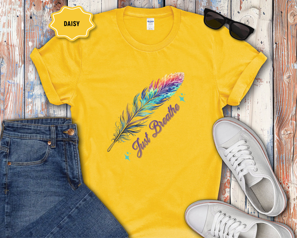 Watercolor Rainbow Feather Just Breathe T-Shirt