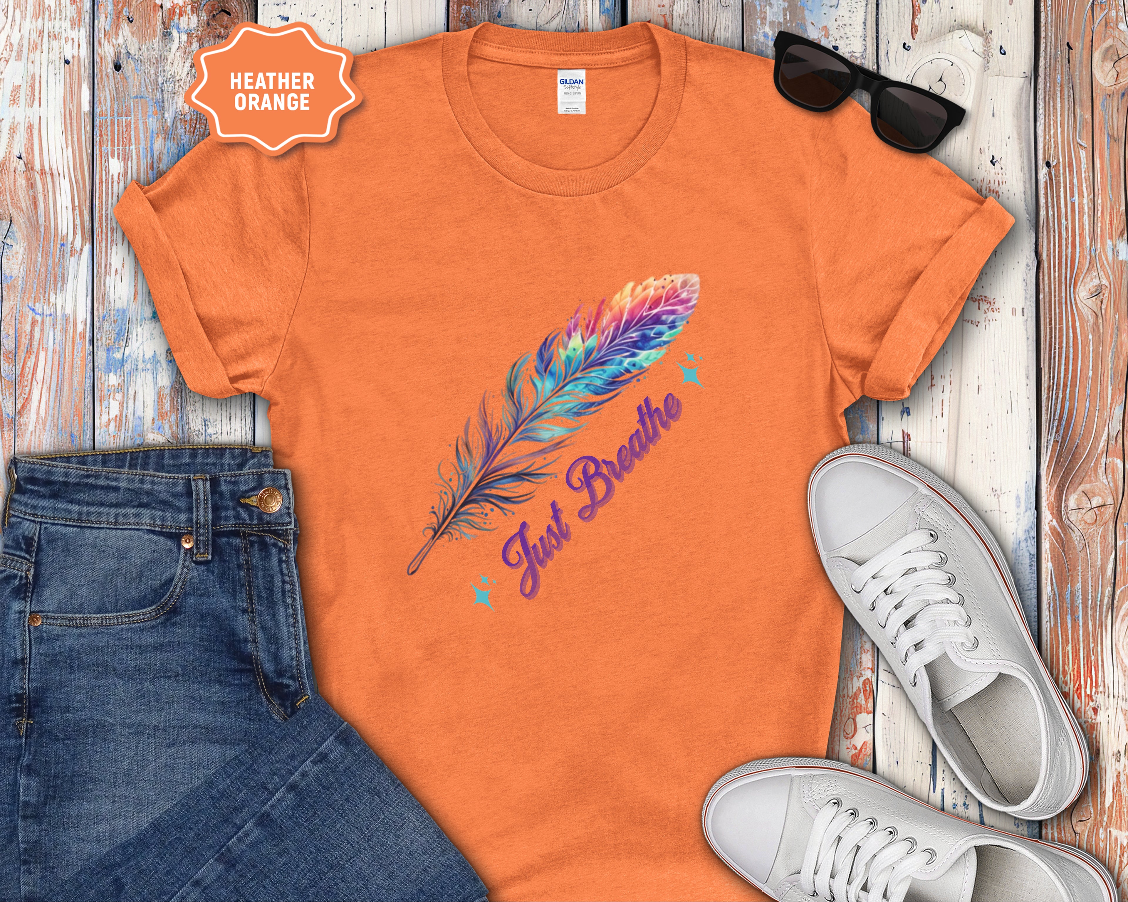 Watercolor Rainbow Feather Just Breathe T-Shirt