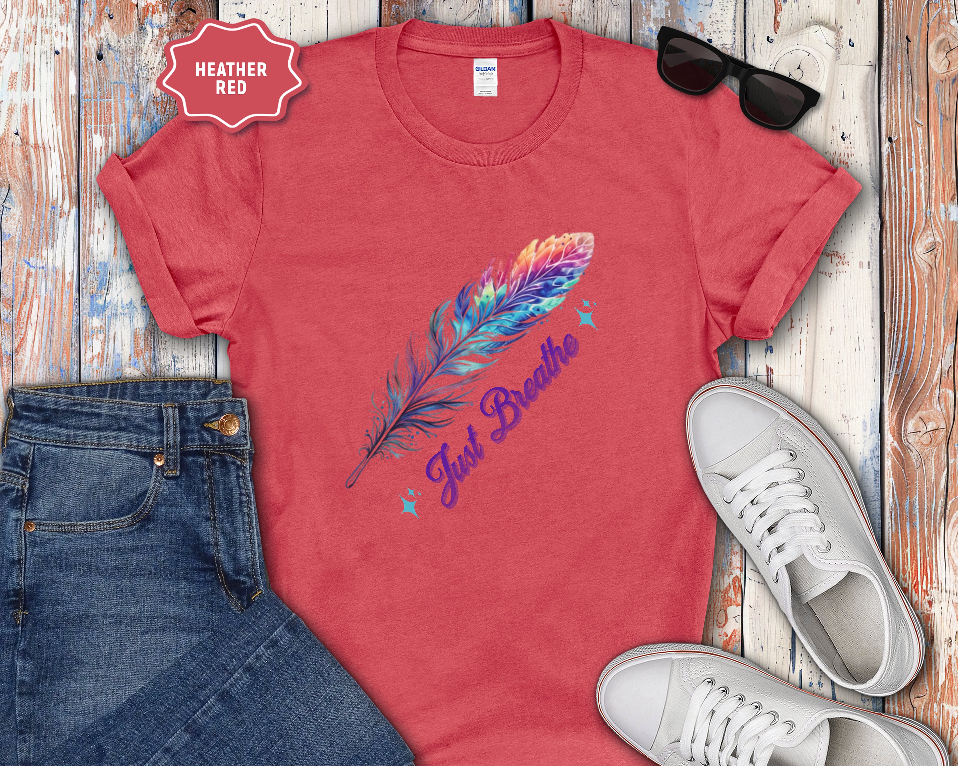 Watercolor Rainbow Feather Just Breathe T-Shirt