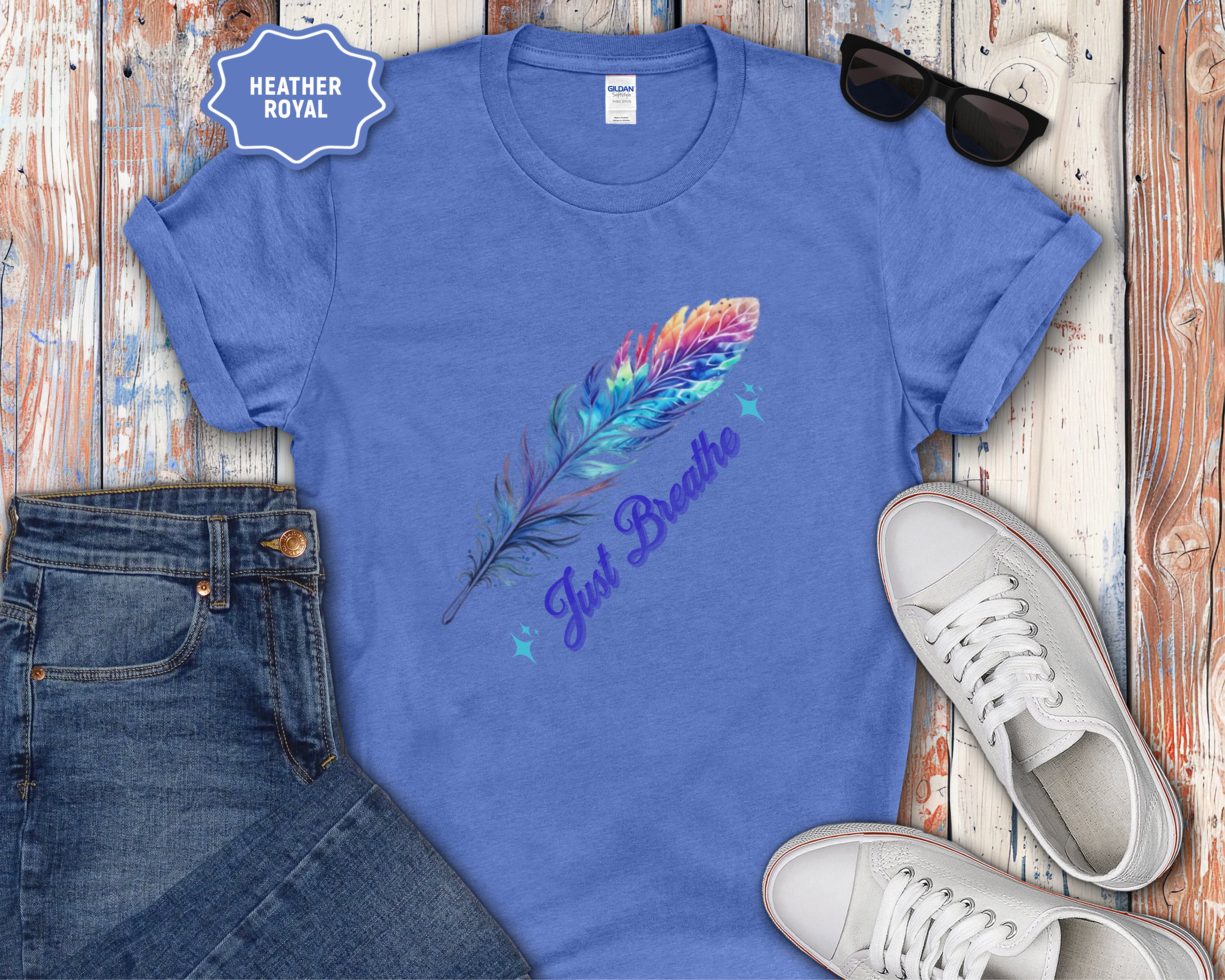 Watercolor Rainbow Feather Just Breathe T-Shirt