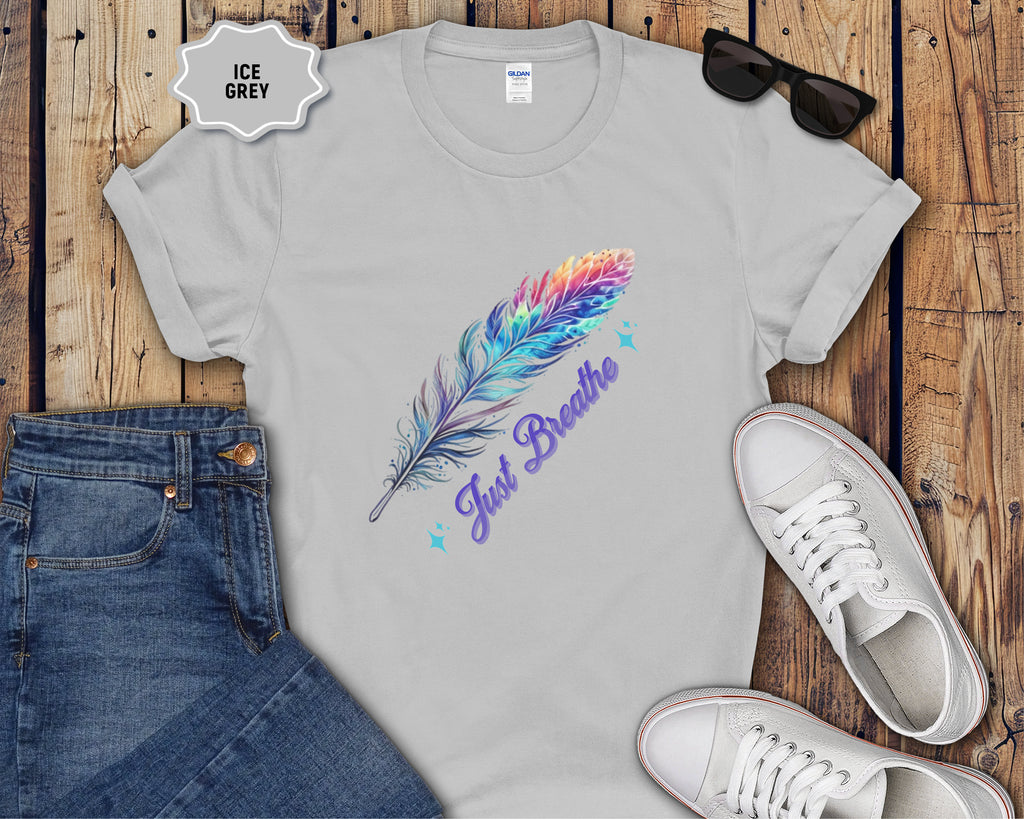Watercolor Rainbow Feather Just Breathe T-Shirt