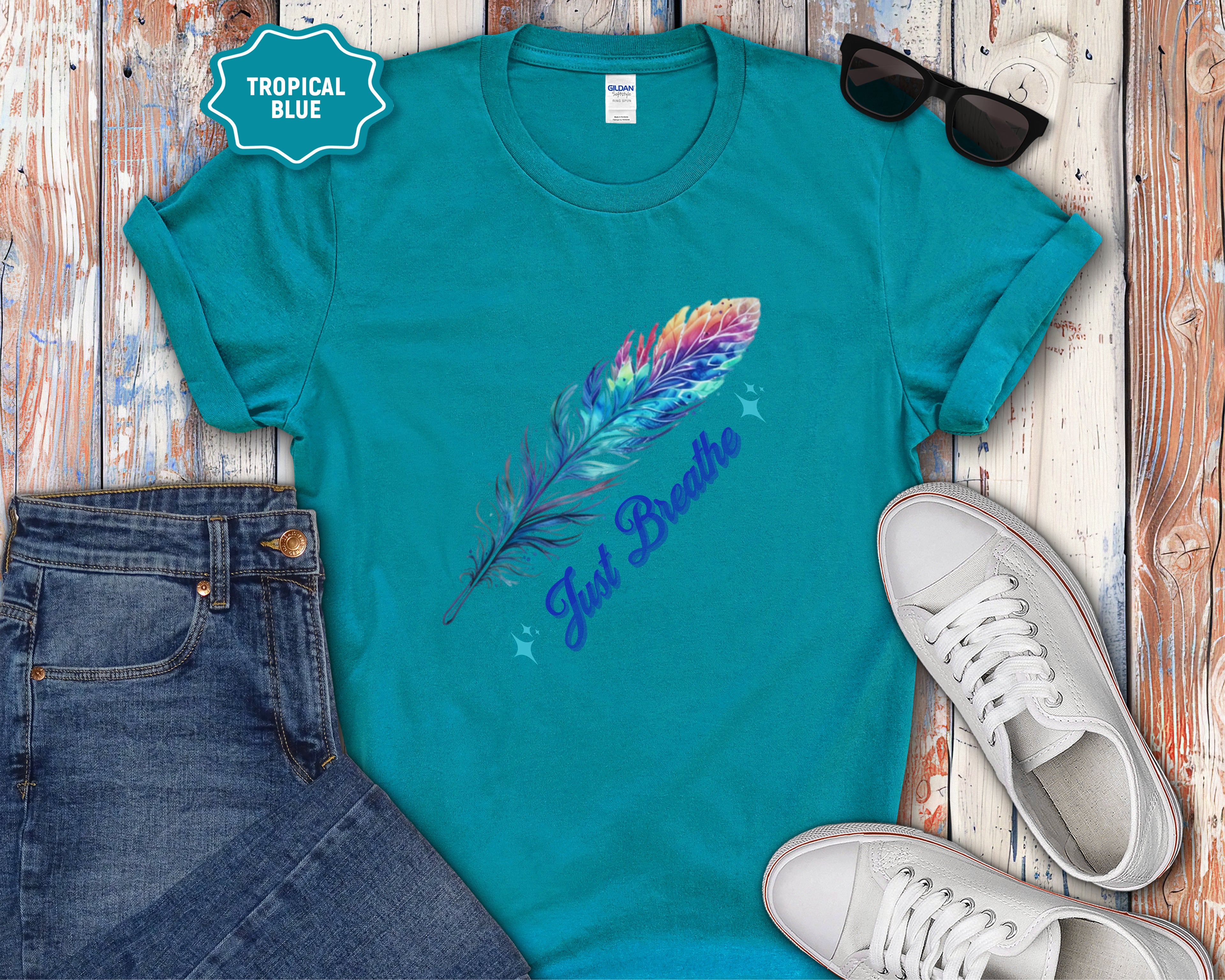 Watercolor Rainbow Feather Just Breathe T-Shirt