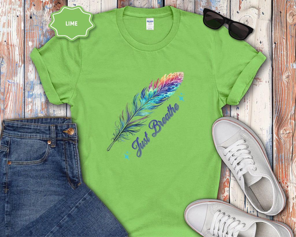 Watercolor Rainbow Feather Just Breathe T-Shirt
