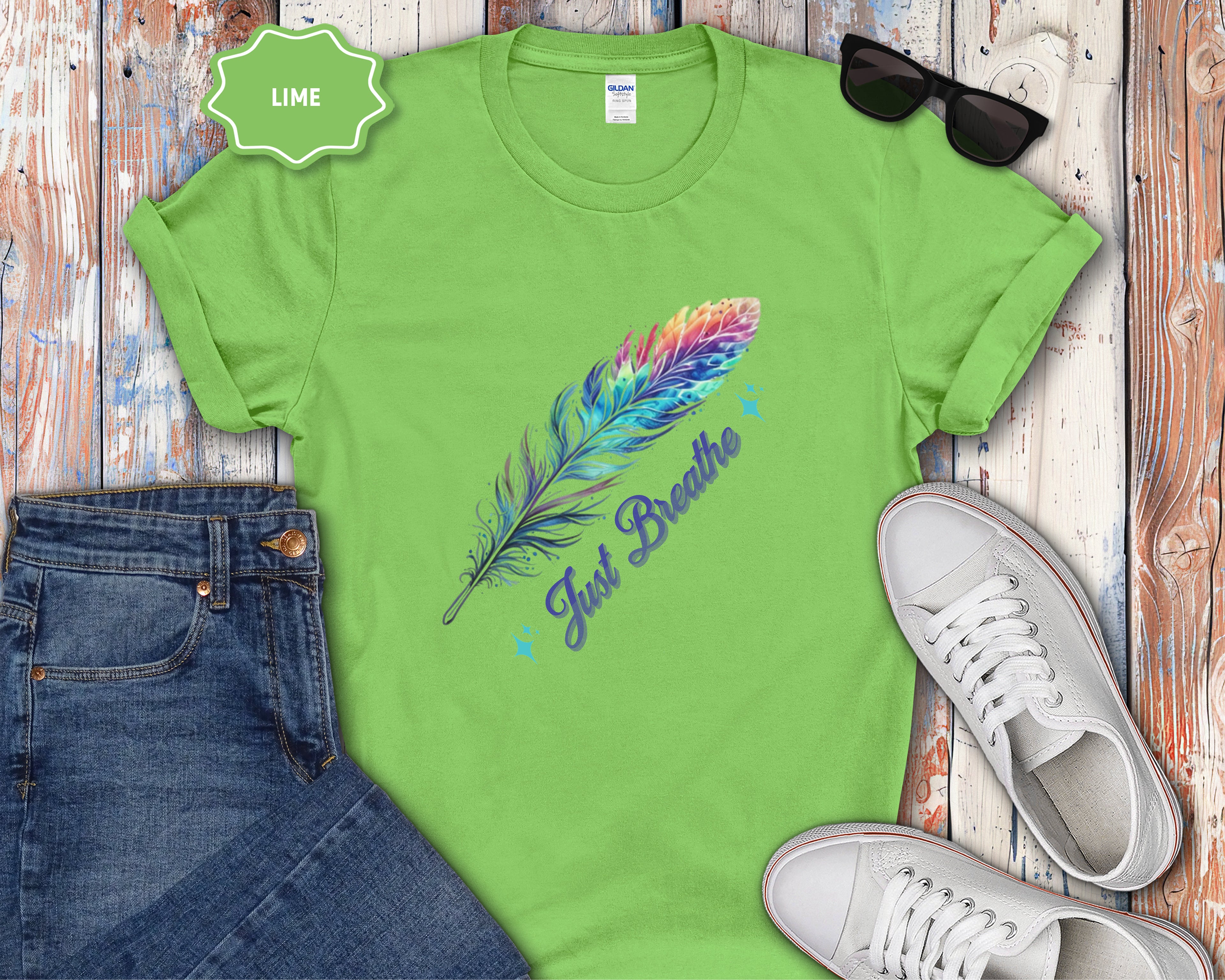 Watercolor Rainbow Feather Just Breathe T-Shirt