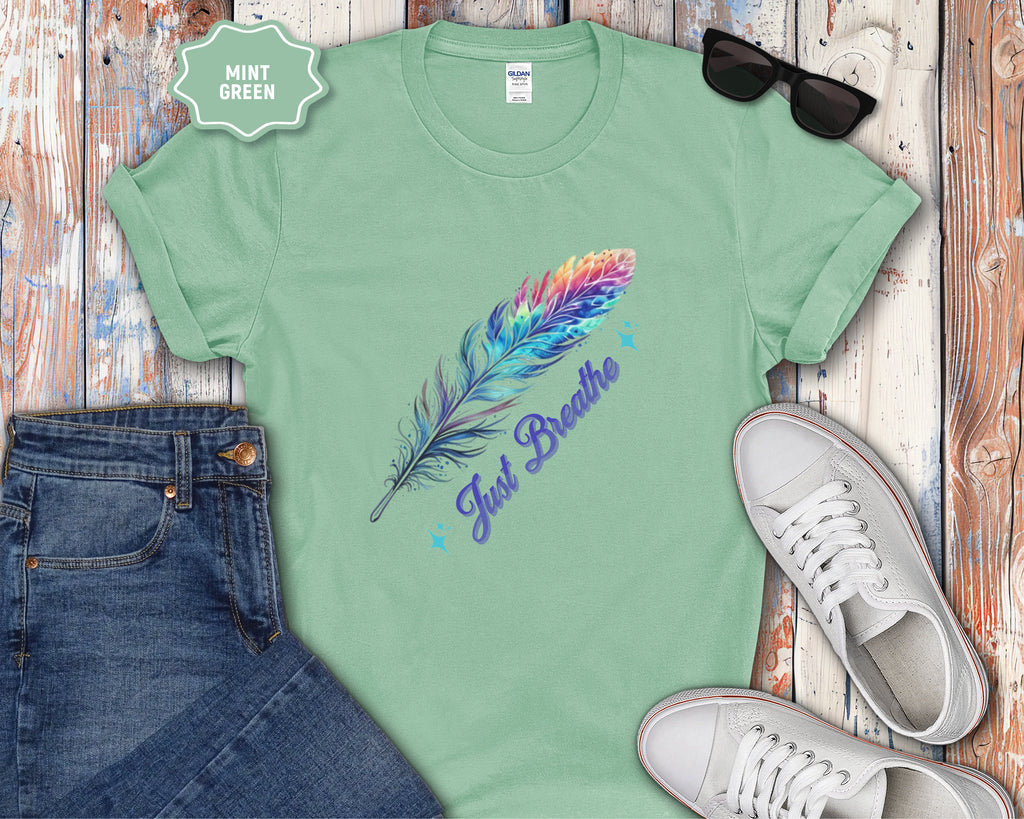 Watercolor Rainbow Feather Just Breathe T-Shirt