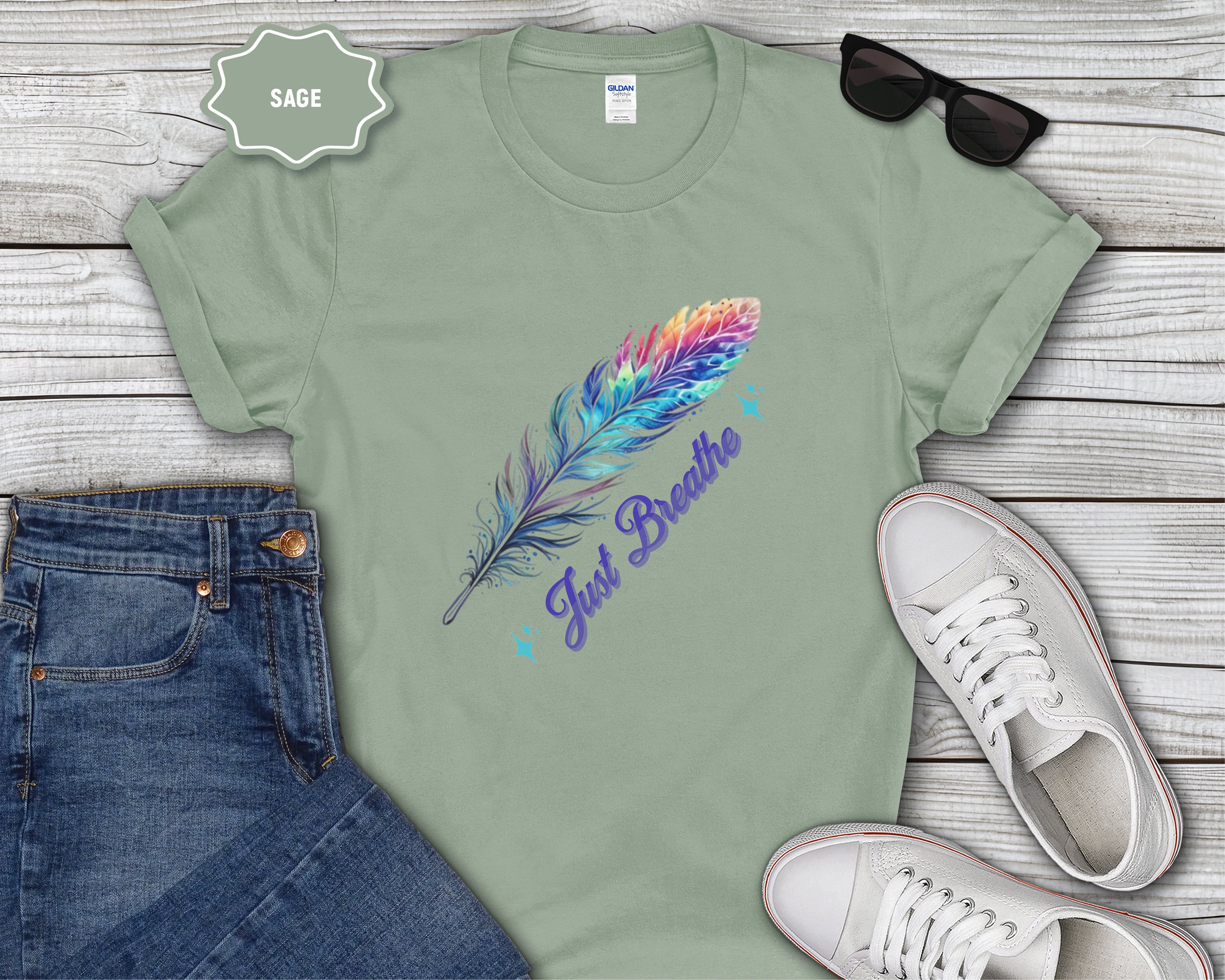 Watercolor Rainbow Feather Just Breathe T-Shirt