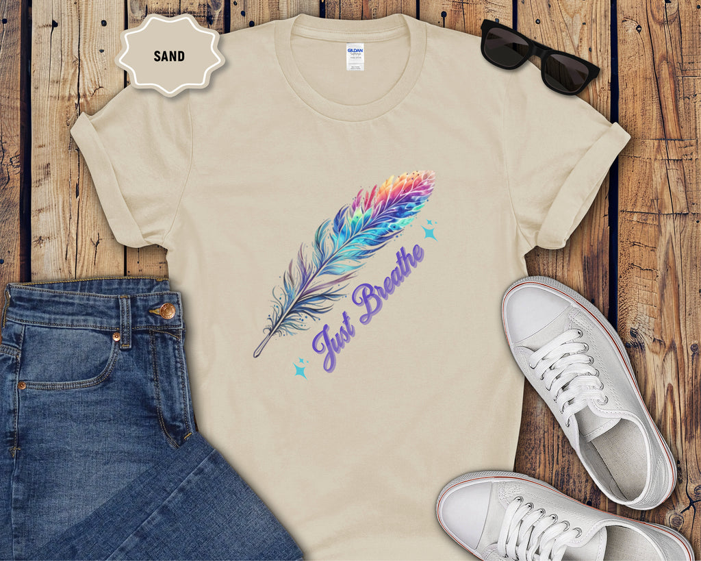 Watercolor Rainbow Feather Just Breathe T-Shirt