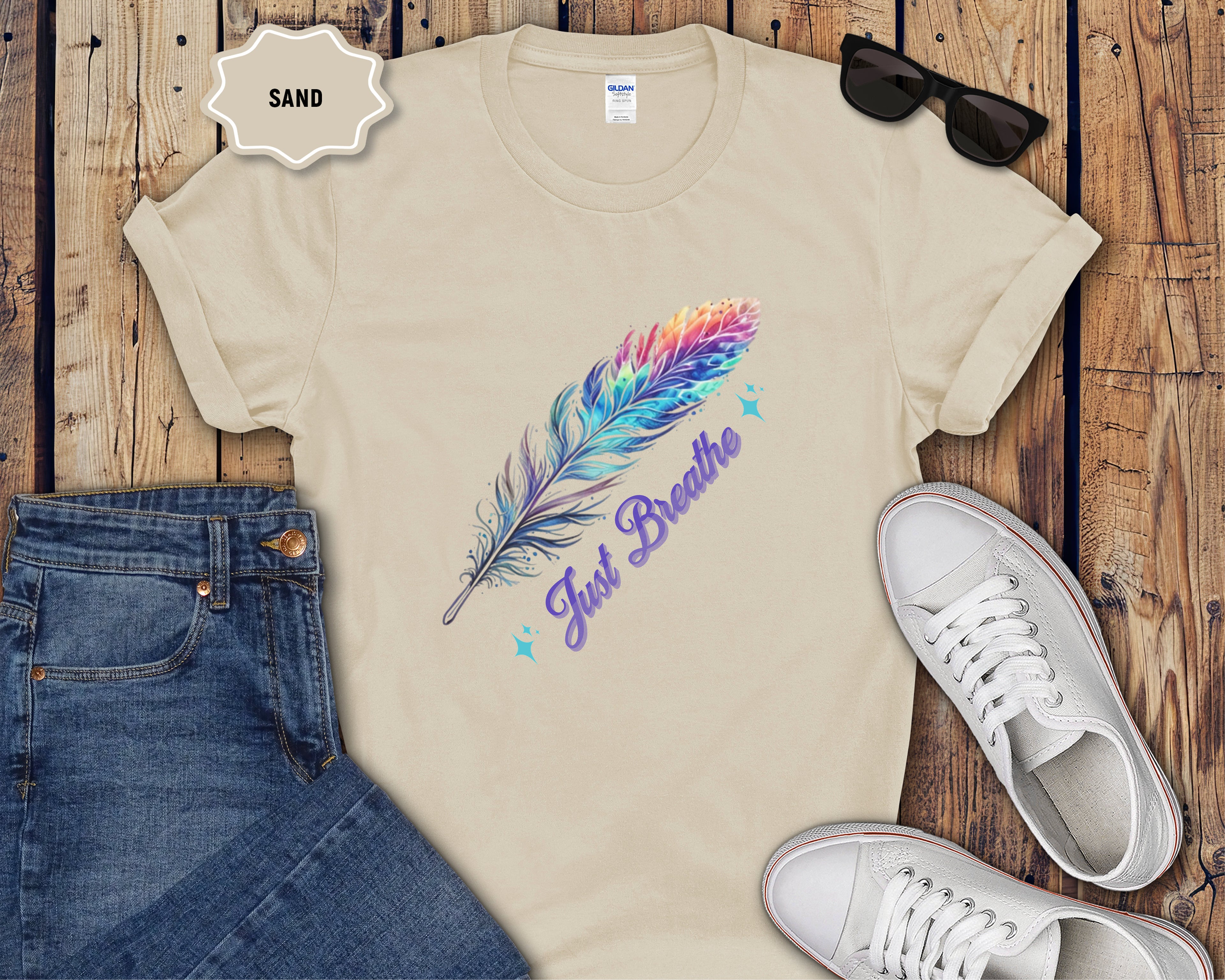 Watercolor Rainbow Feather Just Breathe T-Shirt