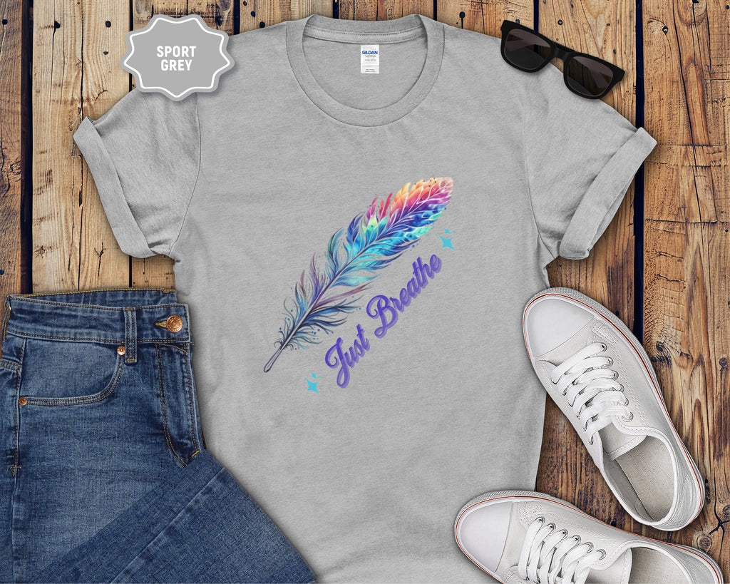 Watercolor Rainbow Feather Just Breathe T-Shirt
