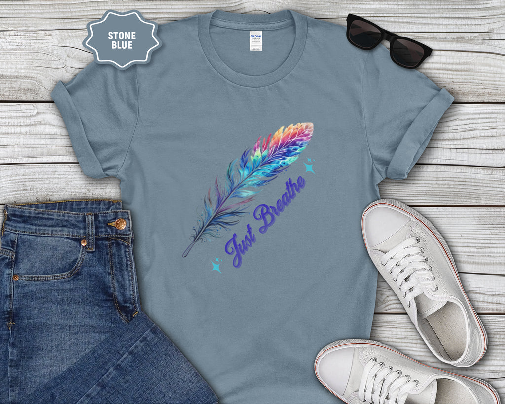 Watercolor Rainbow Feather Just Breathe T-Shirt