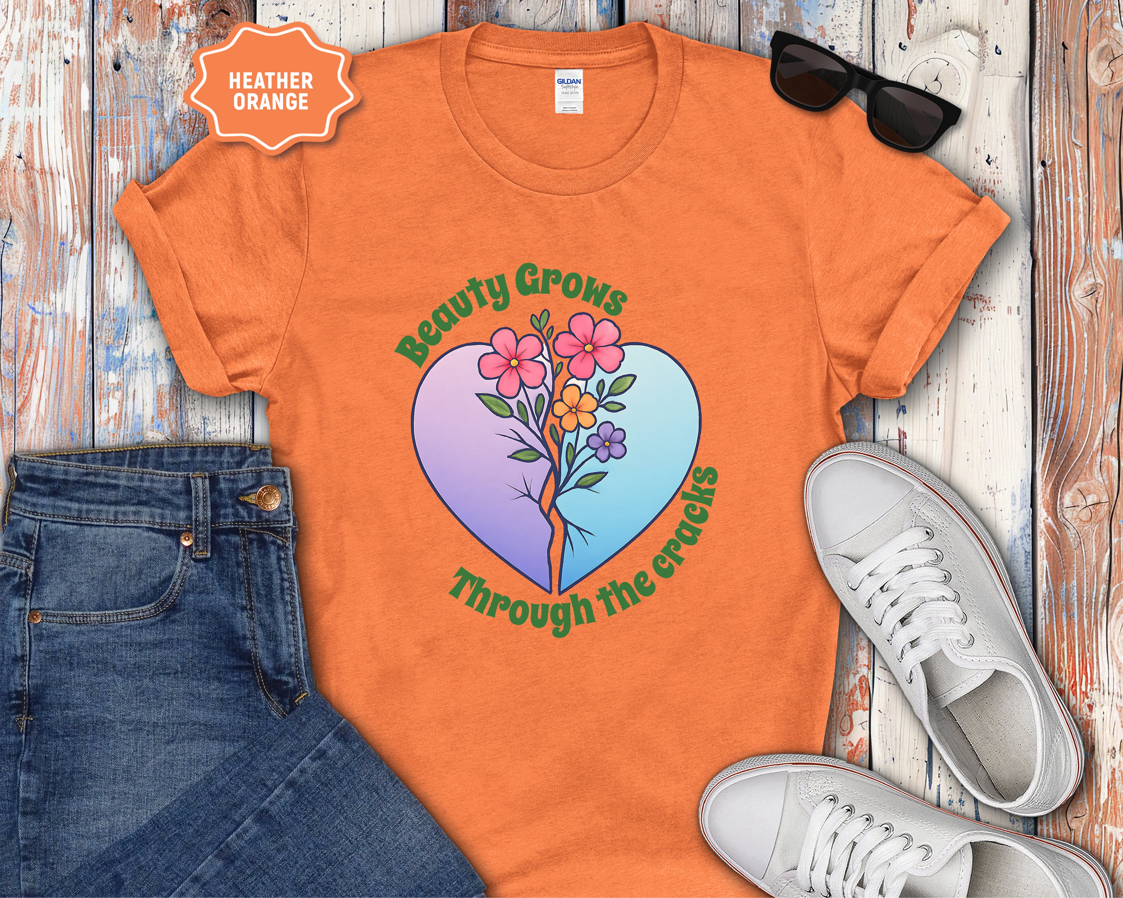 Beauty Grows Through the Cracks Floral Heart T-Shirt