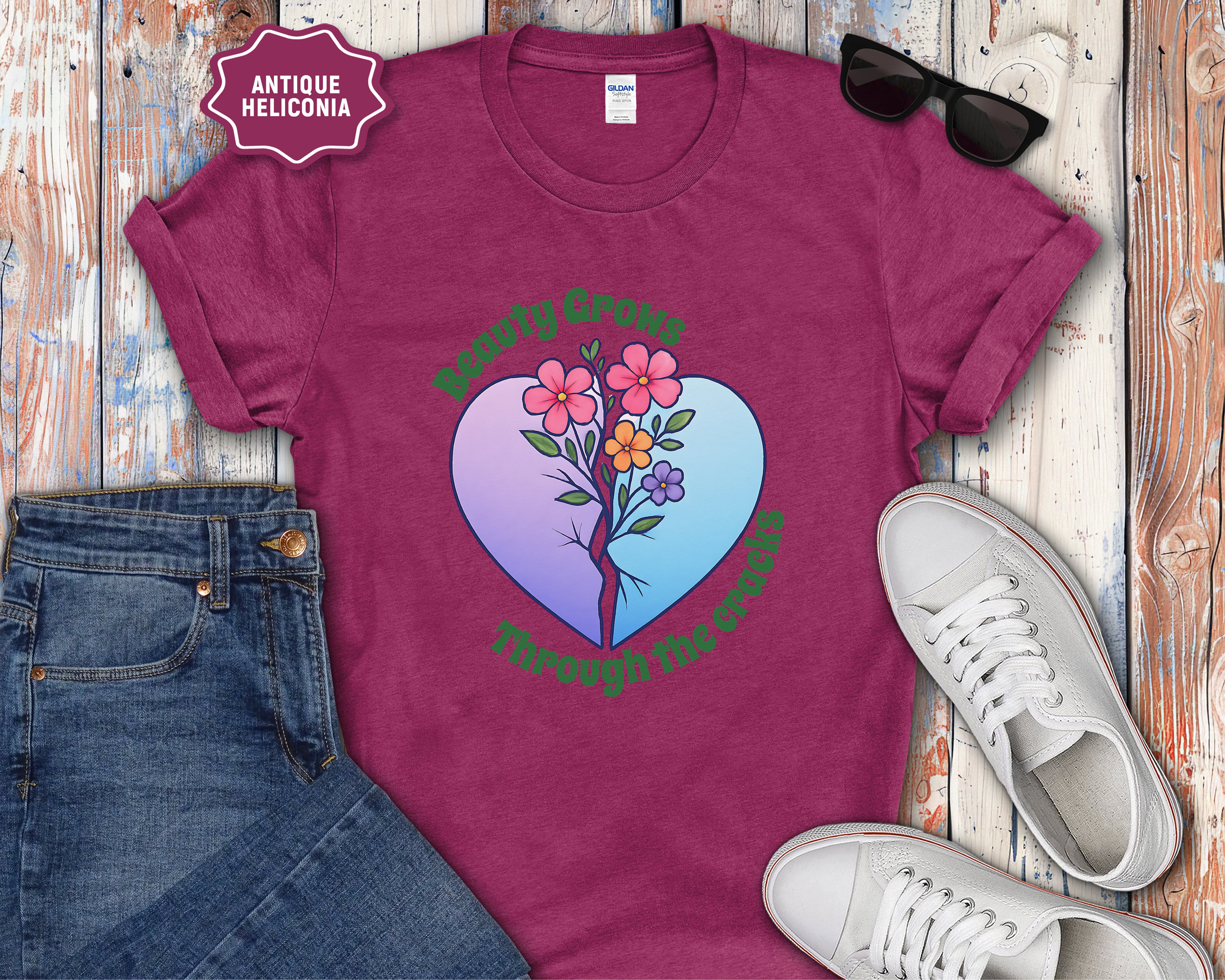 Beauty Grows Through the Cracks Floral Heart T-Shirt
