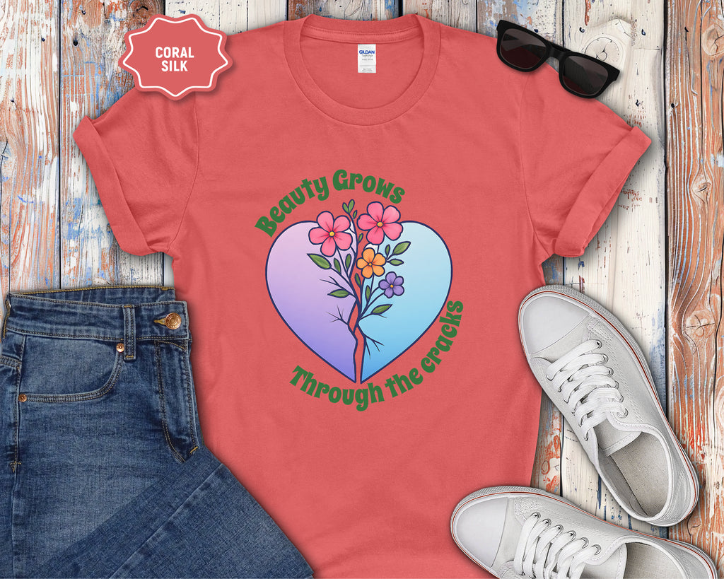 Beauty Grows Through the Cracks Floral Heart T-Shirt