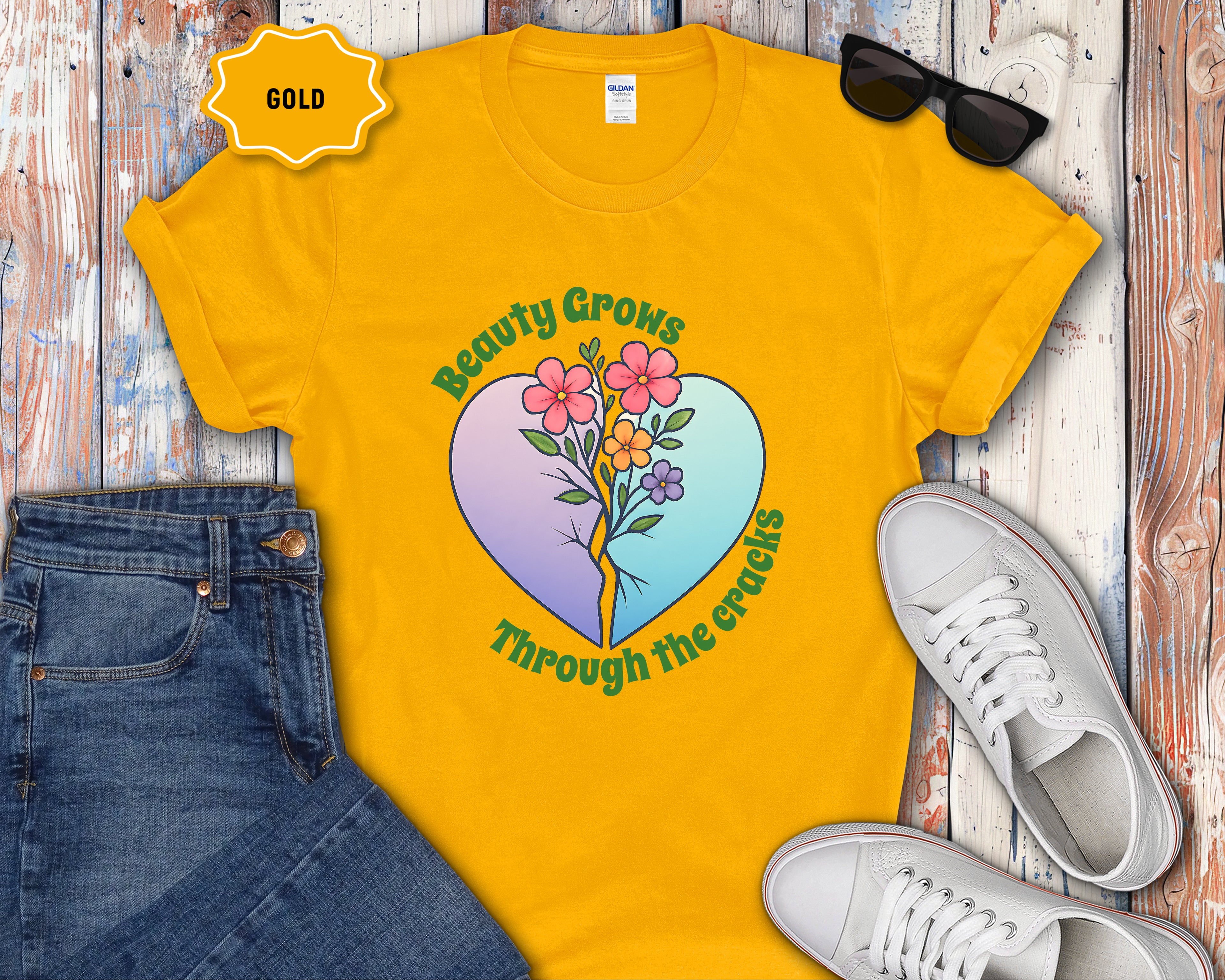 Beauty Grows Through the Cracks Floral Heart T-Shirt