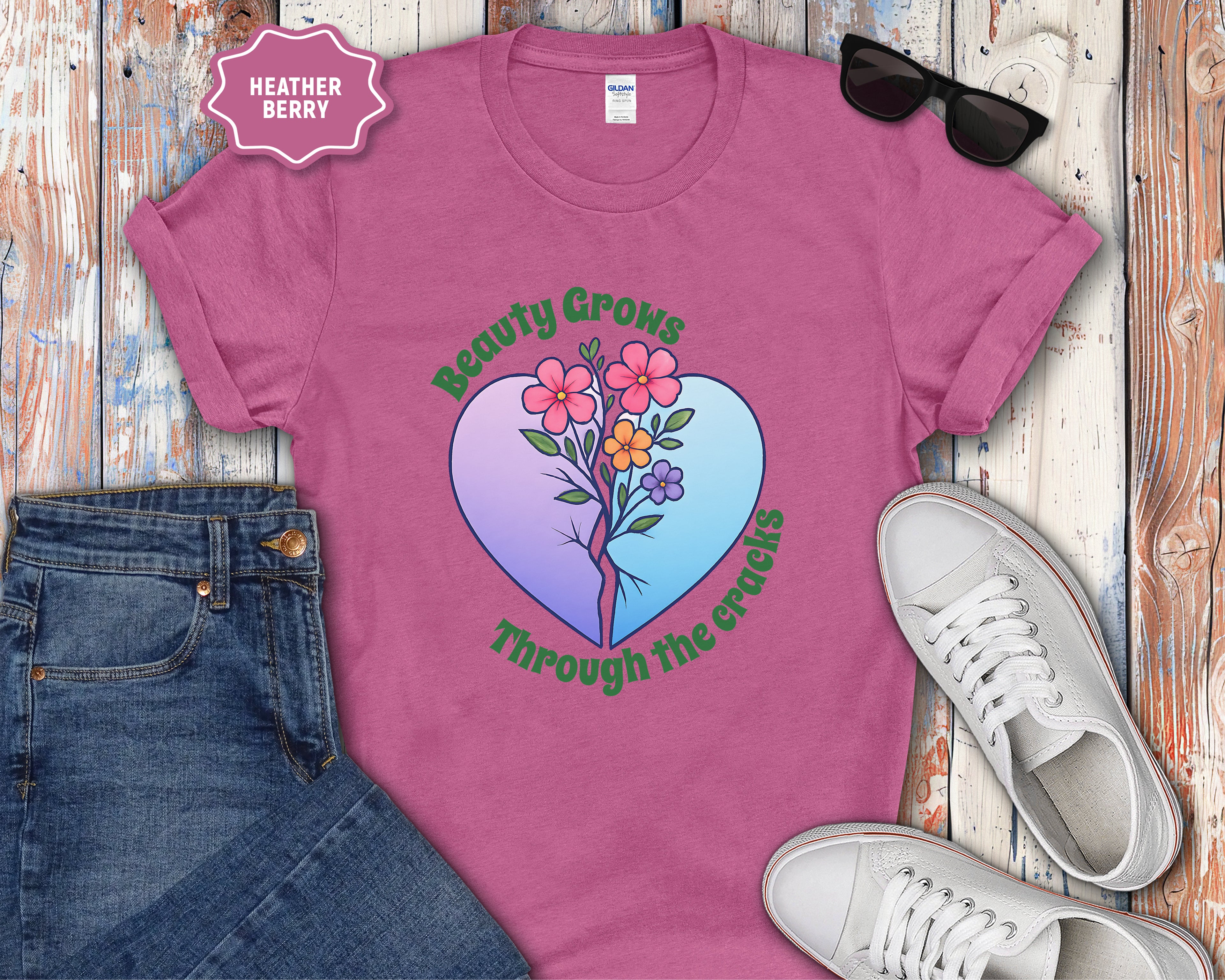 Beauty Grows Through the Cracks Floral Heart T-Shirt
