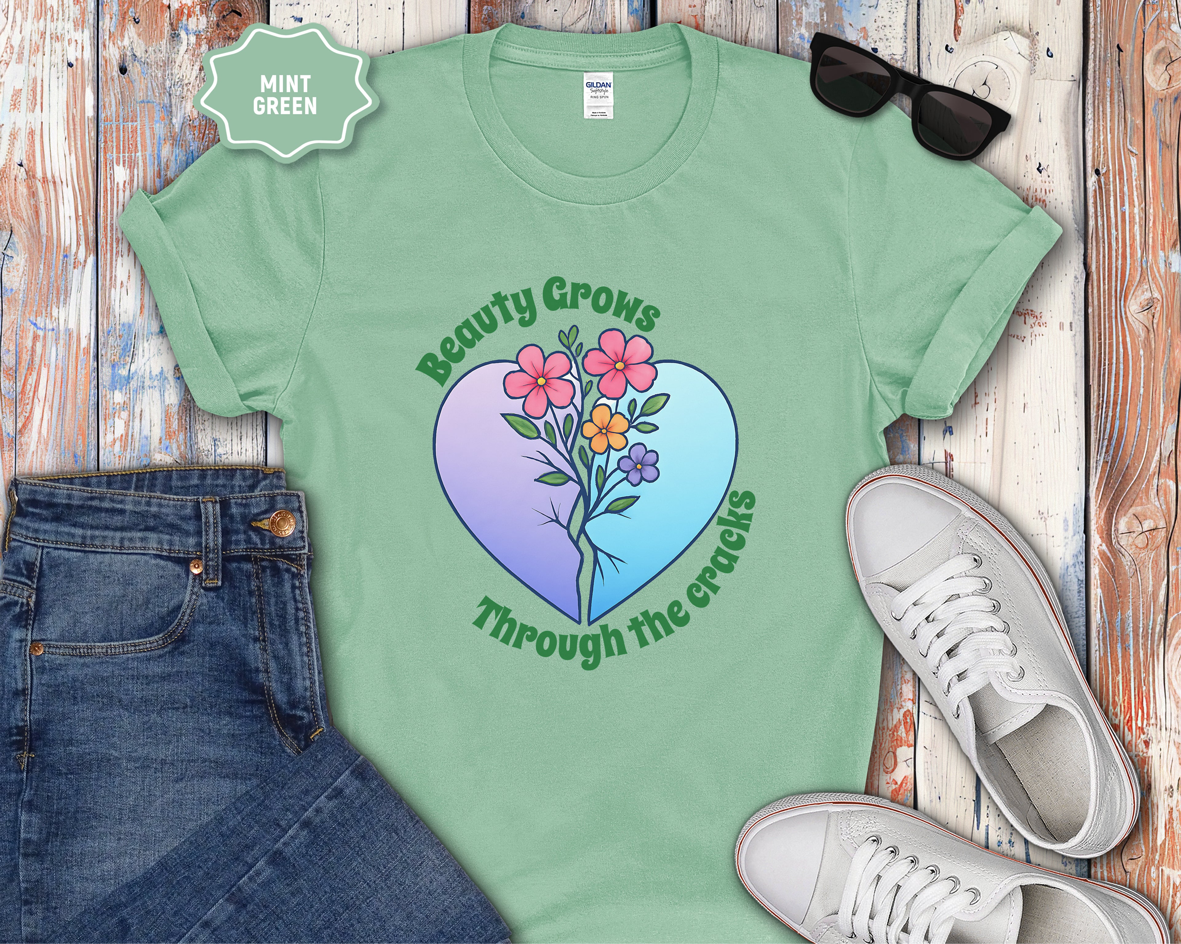 Beauty Grows Through the Cracks Floral Heart T-Shirt