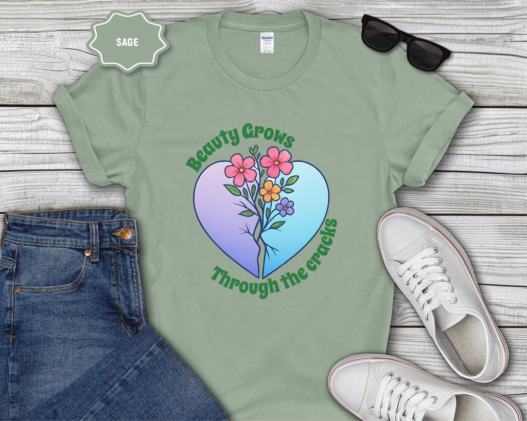 Beauty Grows Through the Cracks Floral Heart T-Shirt