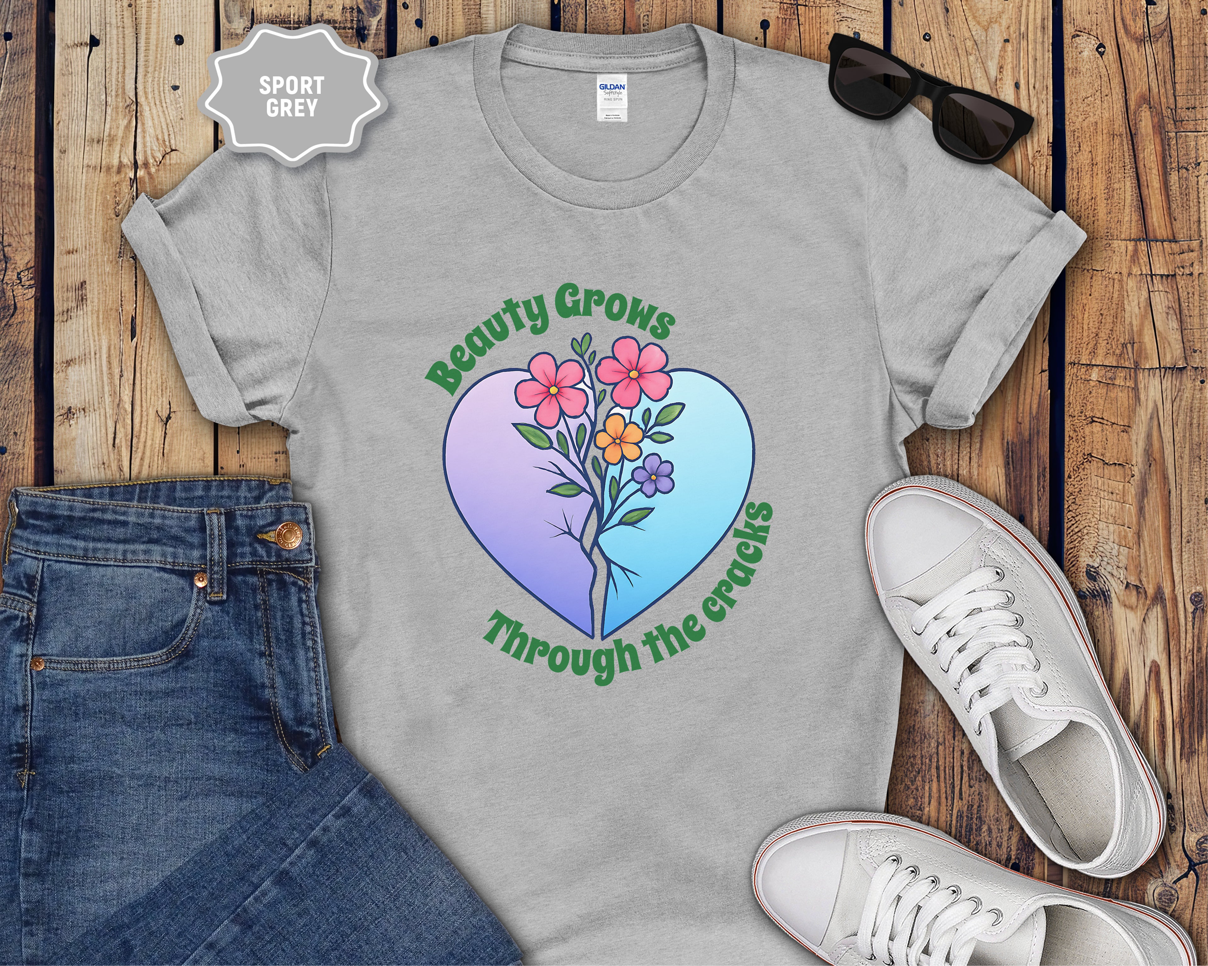 Beauty Grows Through the Cracks Floral Heart T-Shirt