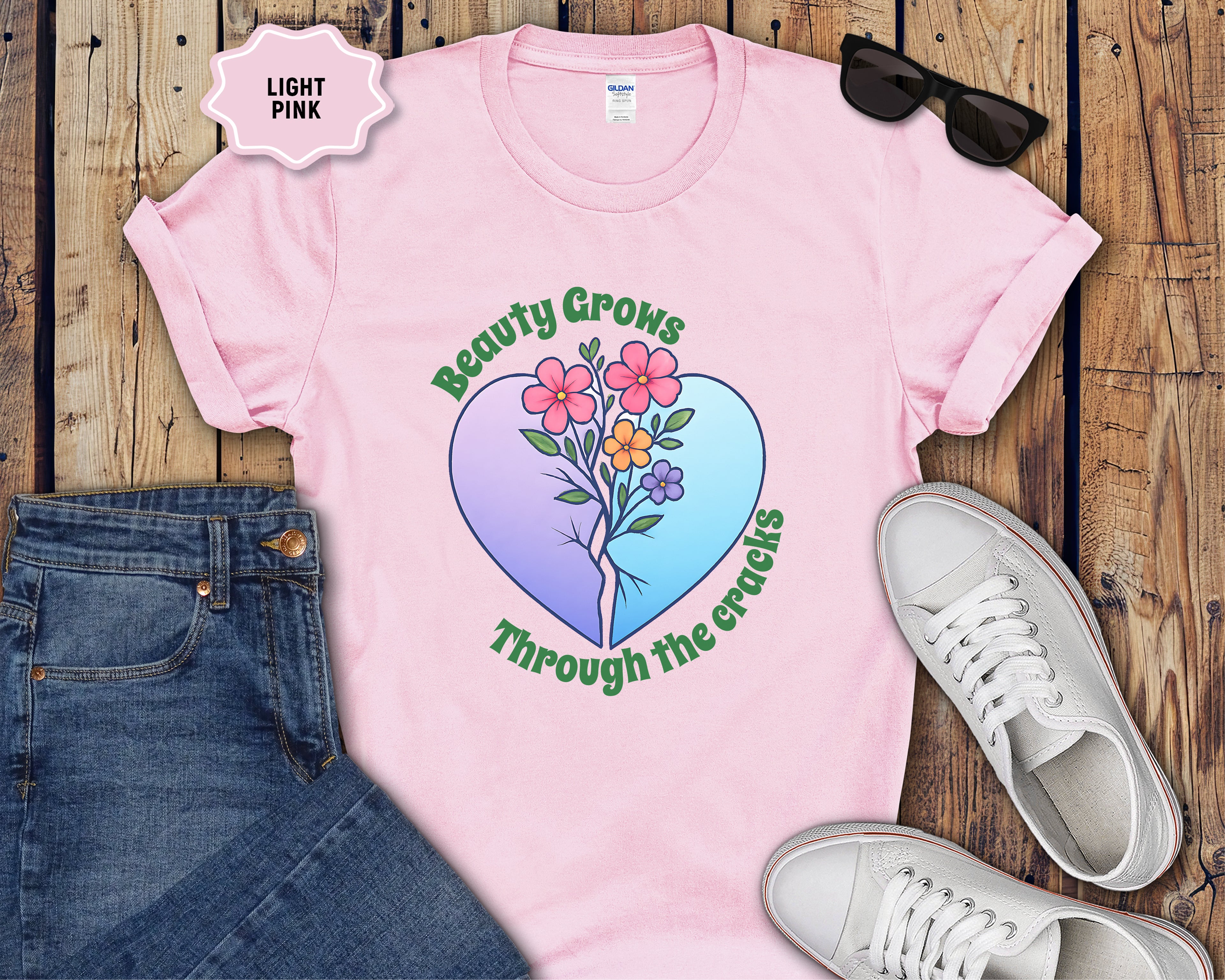 Beauty Grows Through the Cracks Floral Heart T-Shirt