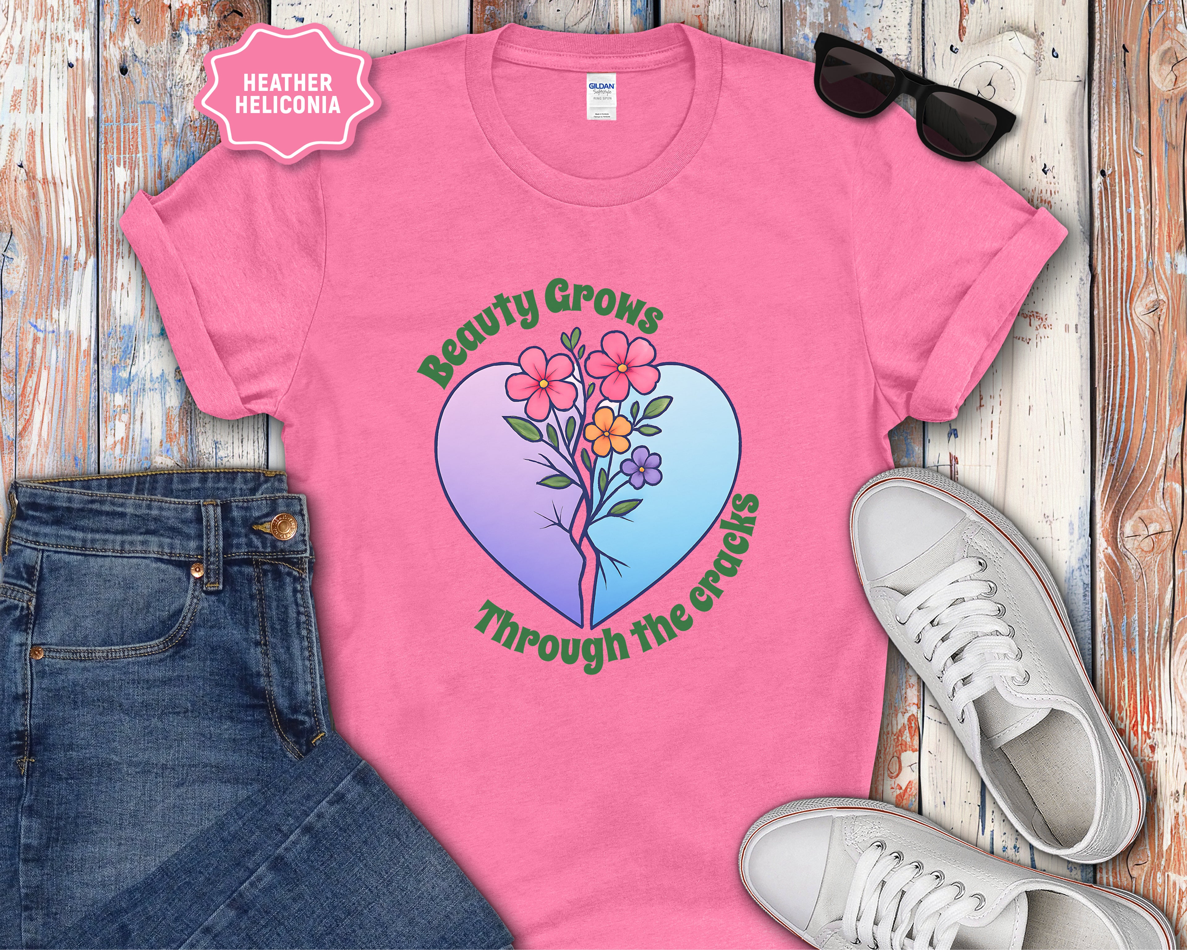 Beauty Grows Through the Cracks Floral Heart T-Shirt