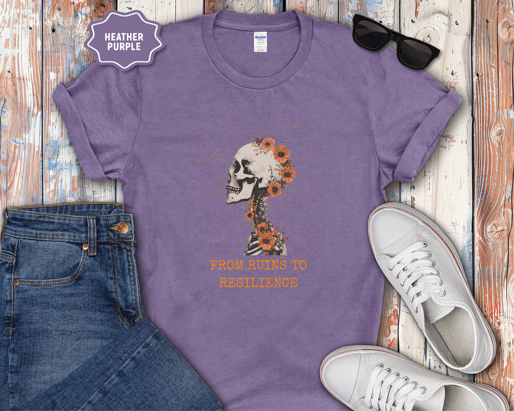 From Ruins to Resilience Skull with Orange Flowers T-Shirt
