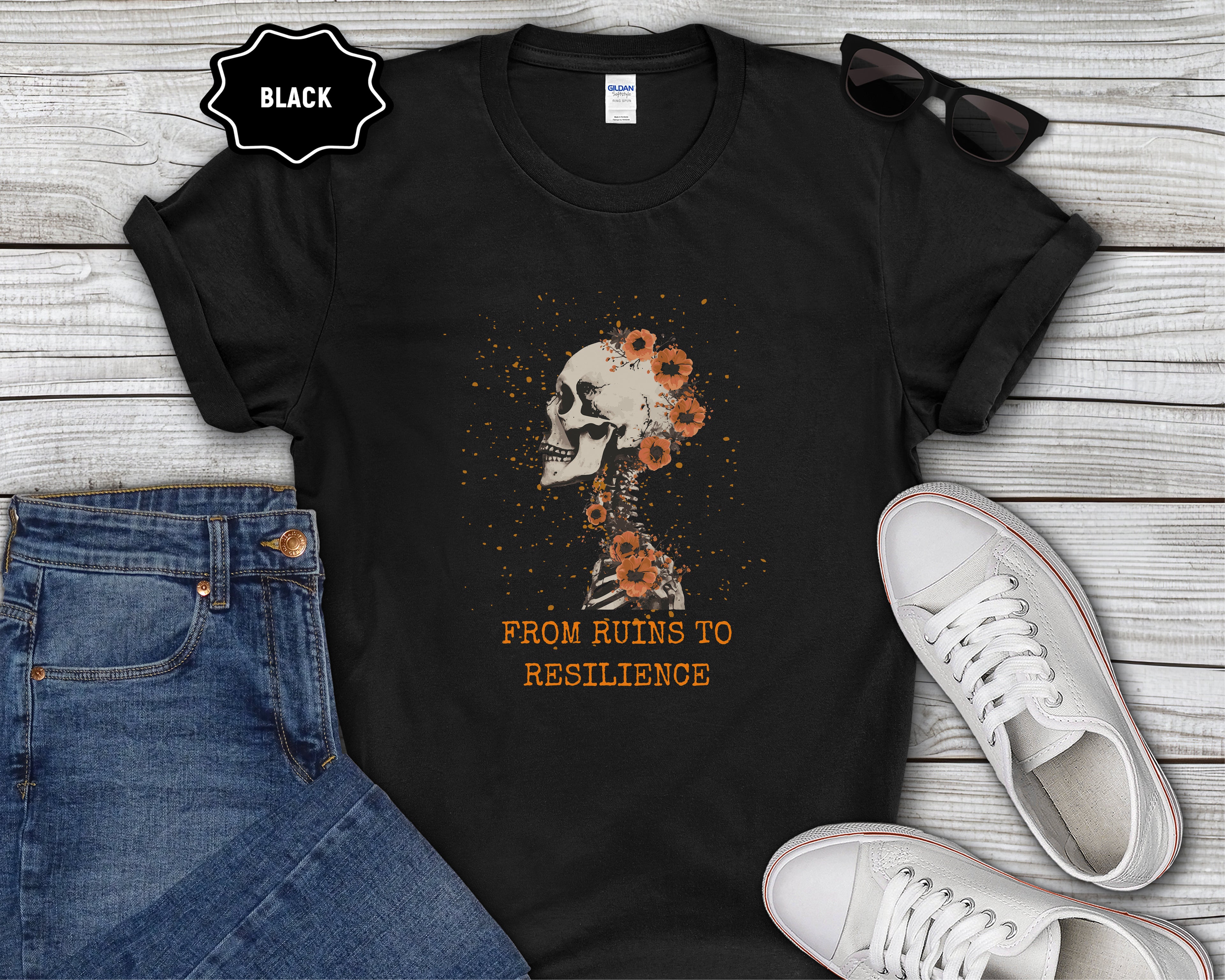 From Ruins to Resilience Skull with Orange Flowers T-Shirt