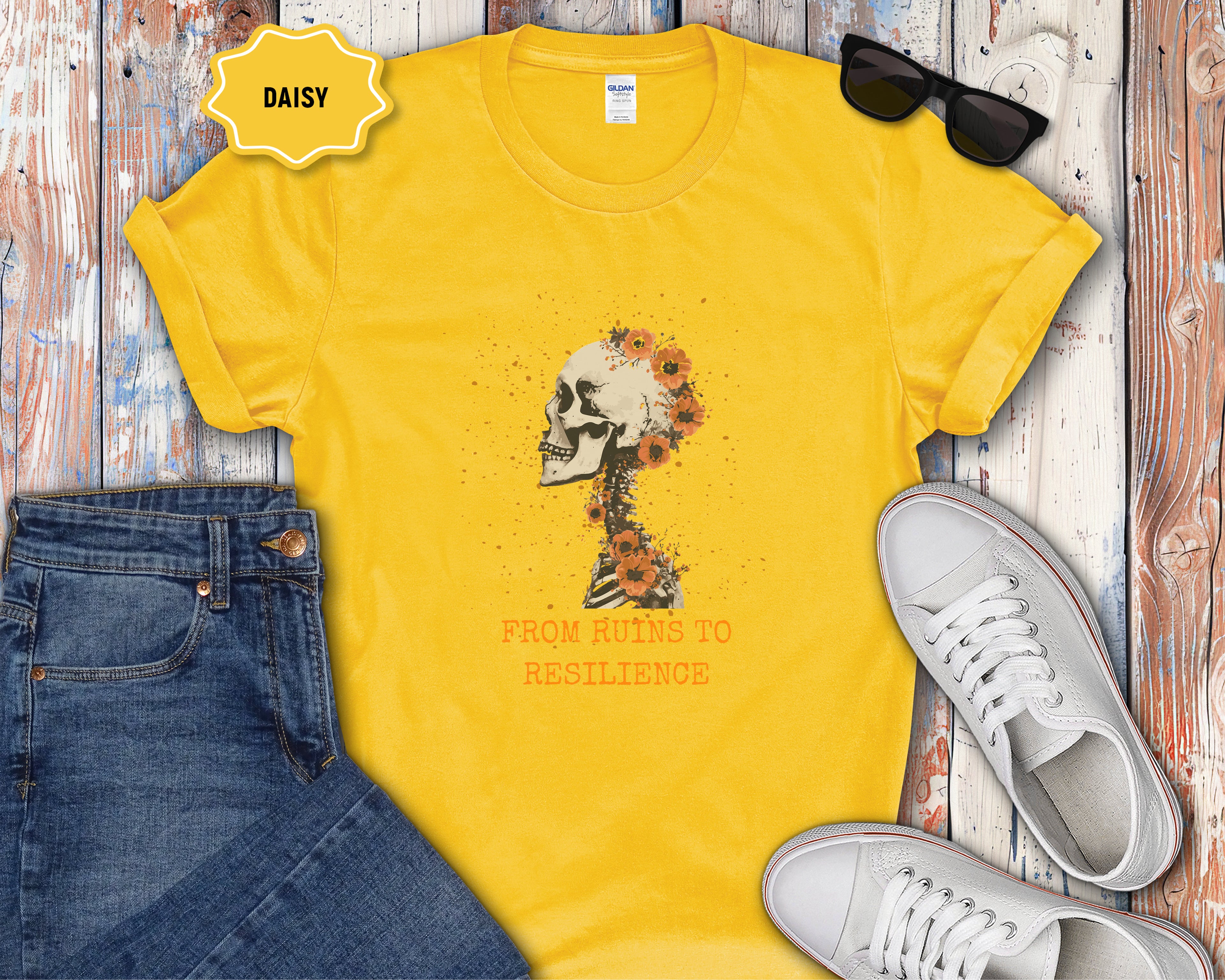 From Ruins to Resilience Skull with Orange Flowers T-Shirt