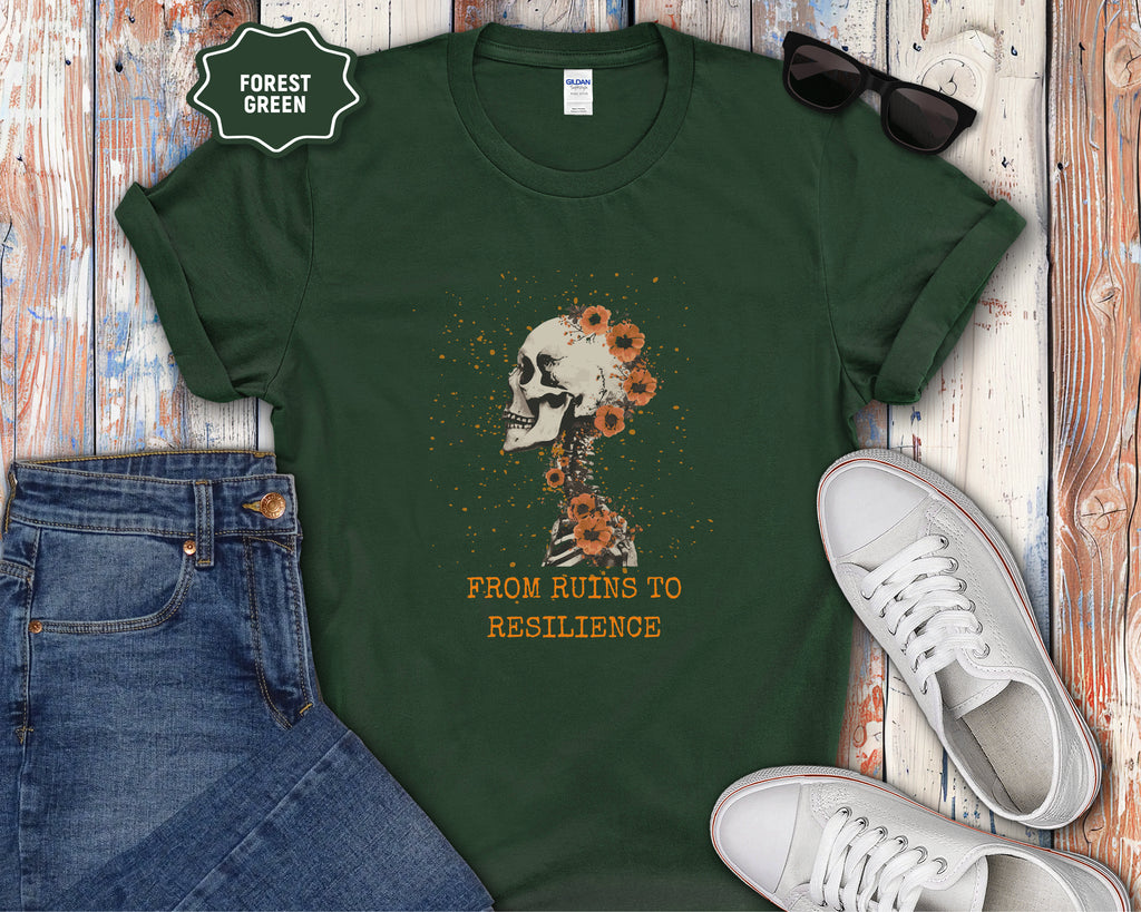 From Ruins to Resilience Skull with Orange Flowers T-Shirt